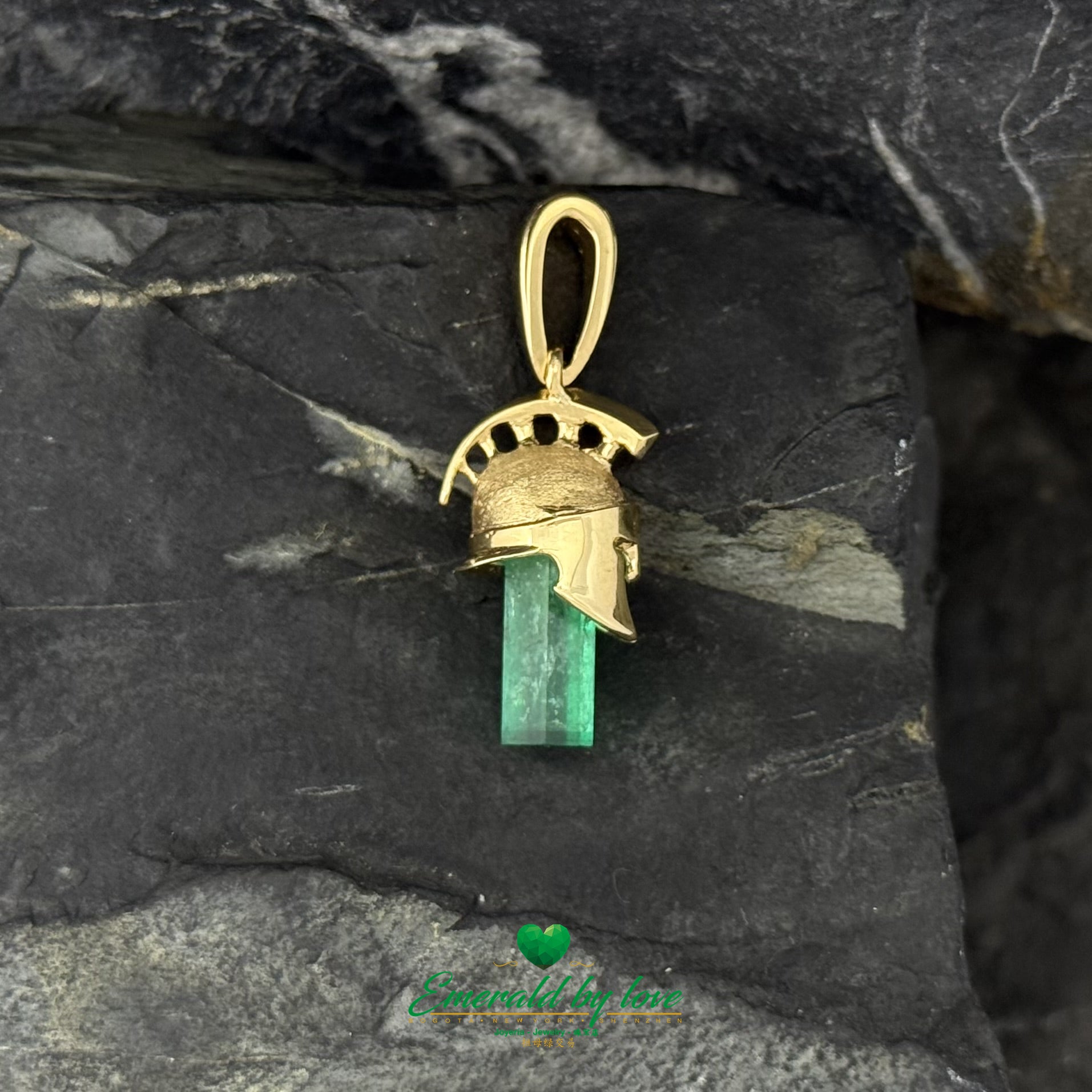 18K Yellow Gold Gladiator Helmet Pendant with Colombian Emerald