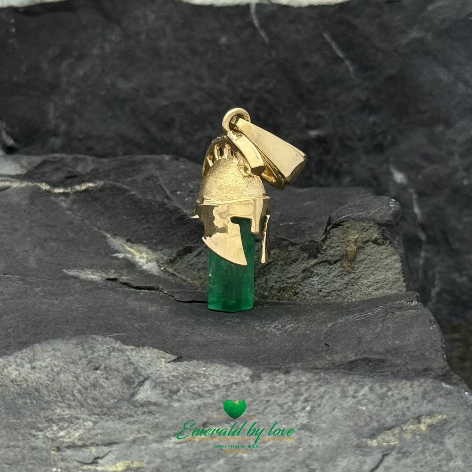 18K Yellow Gold Gladiator Helmet Pendant with Colombian Emerald
