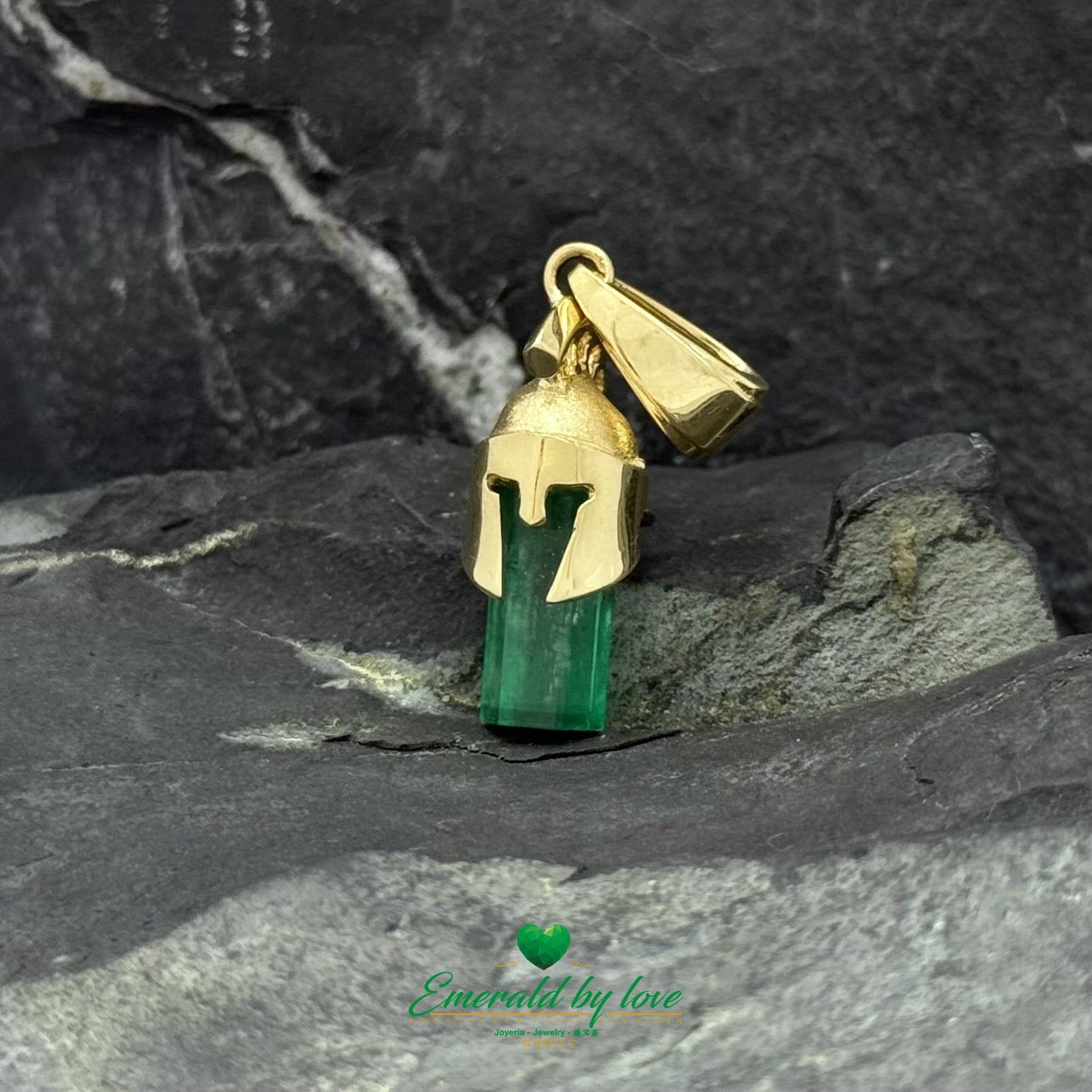18K Yellow Gold Gladiator Helmet Pendant with Colombian Emerald