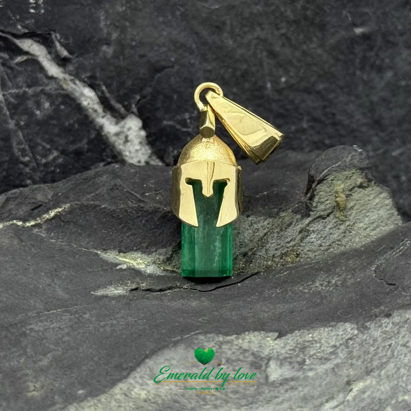 18K Yellow Gold Gladiator Helmet Pendant with Colombian Emerald