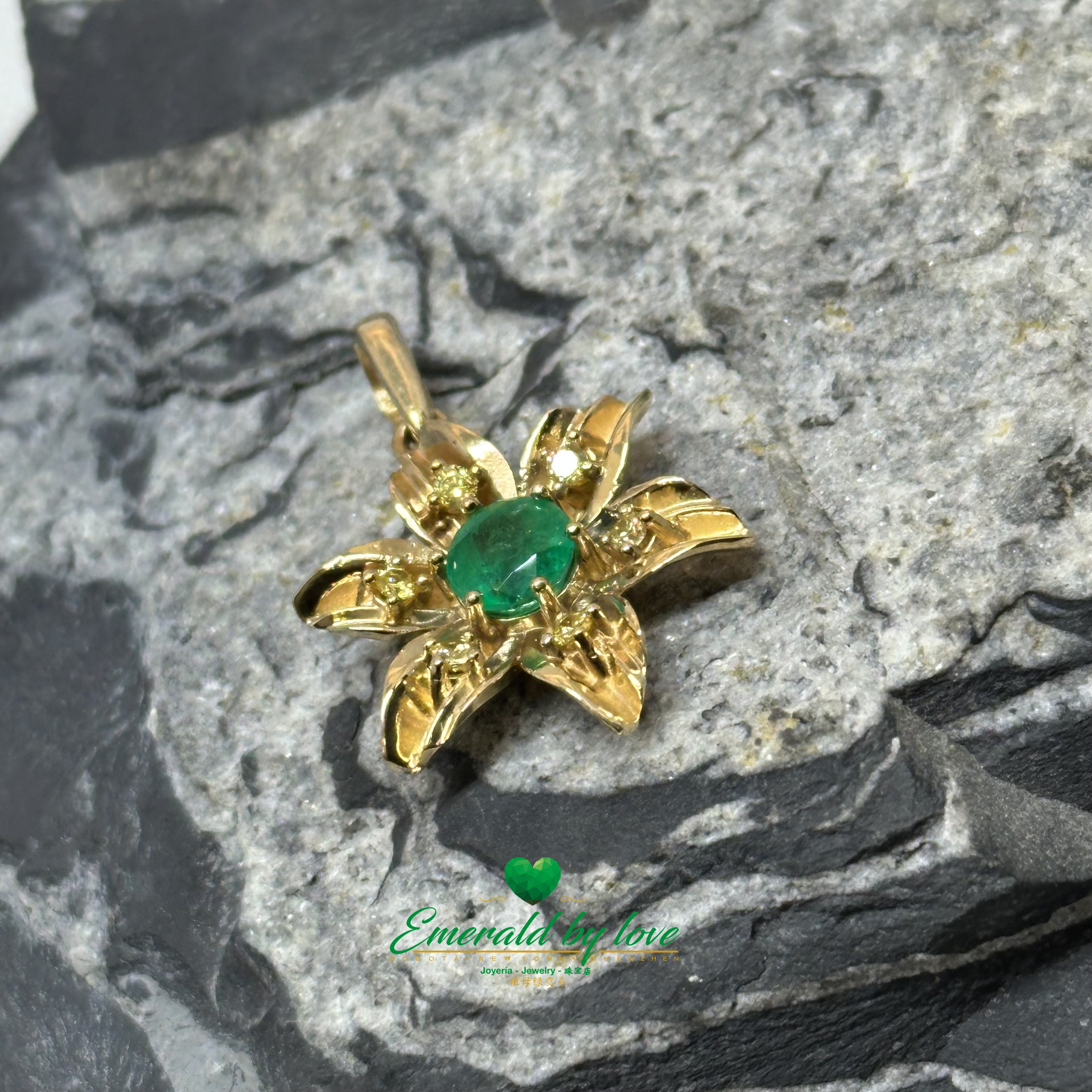 Medium-Sized Sunflower Pendant with Central Emerald and Yellow Diamond Petals