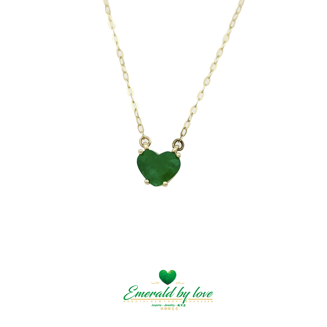Delicate and beautiful Yellow Gold Heart Emerald Pendant with Three-Prong Setting
