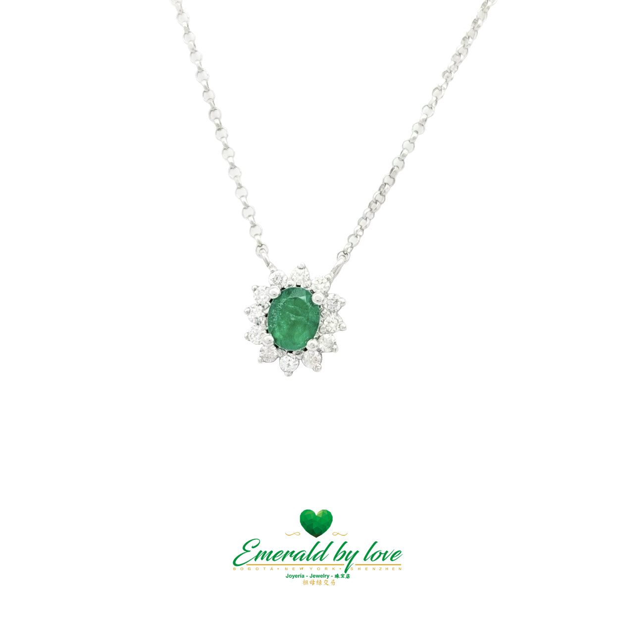 White Gold Floral Pendant with Oval Emerald and Diamonds