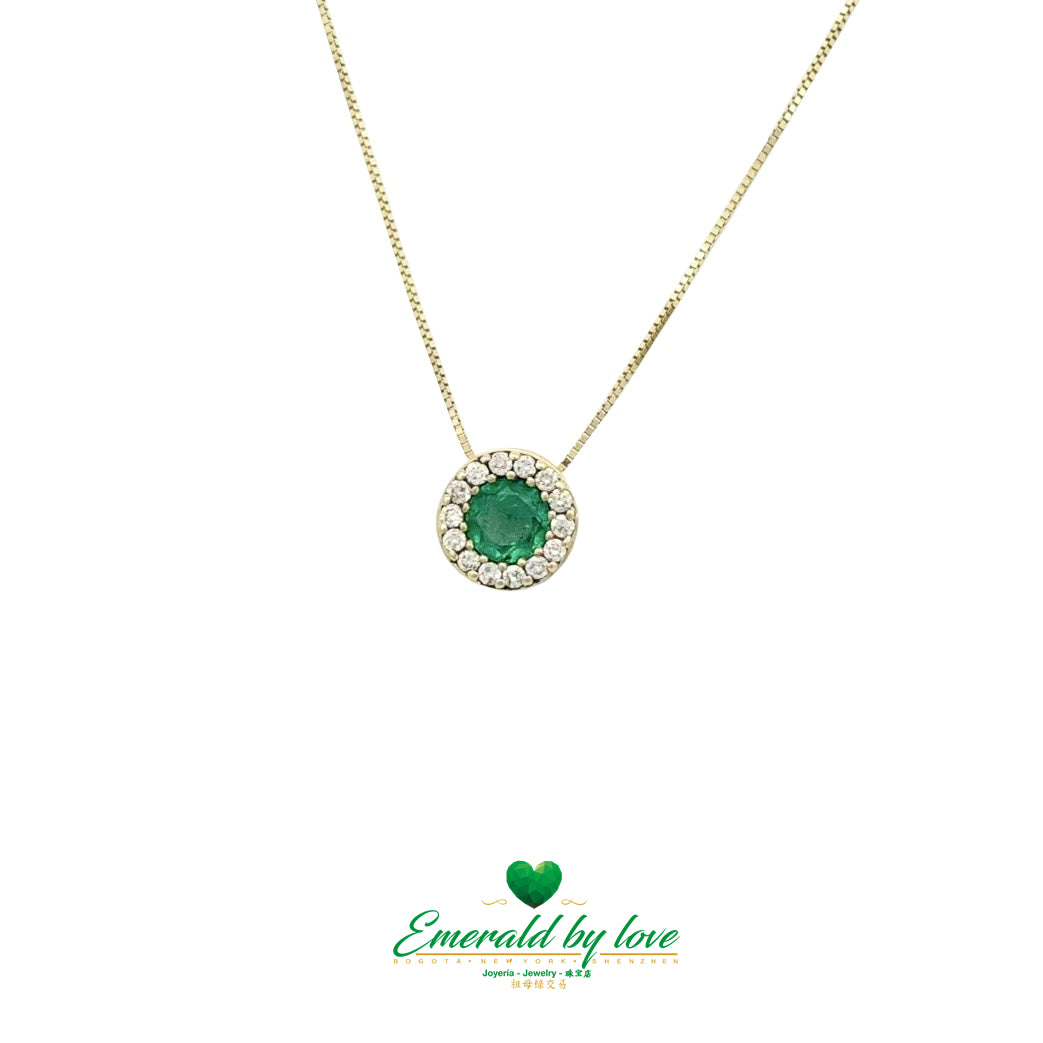 Delicate Yellow Gold Cluster Pendant with Round Colombian Natural Emerald Surrounded by Diamonds