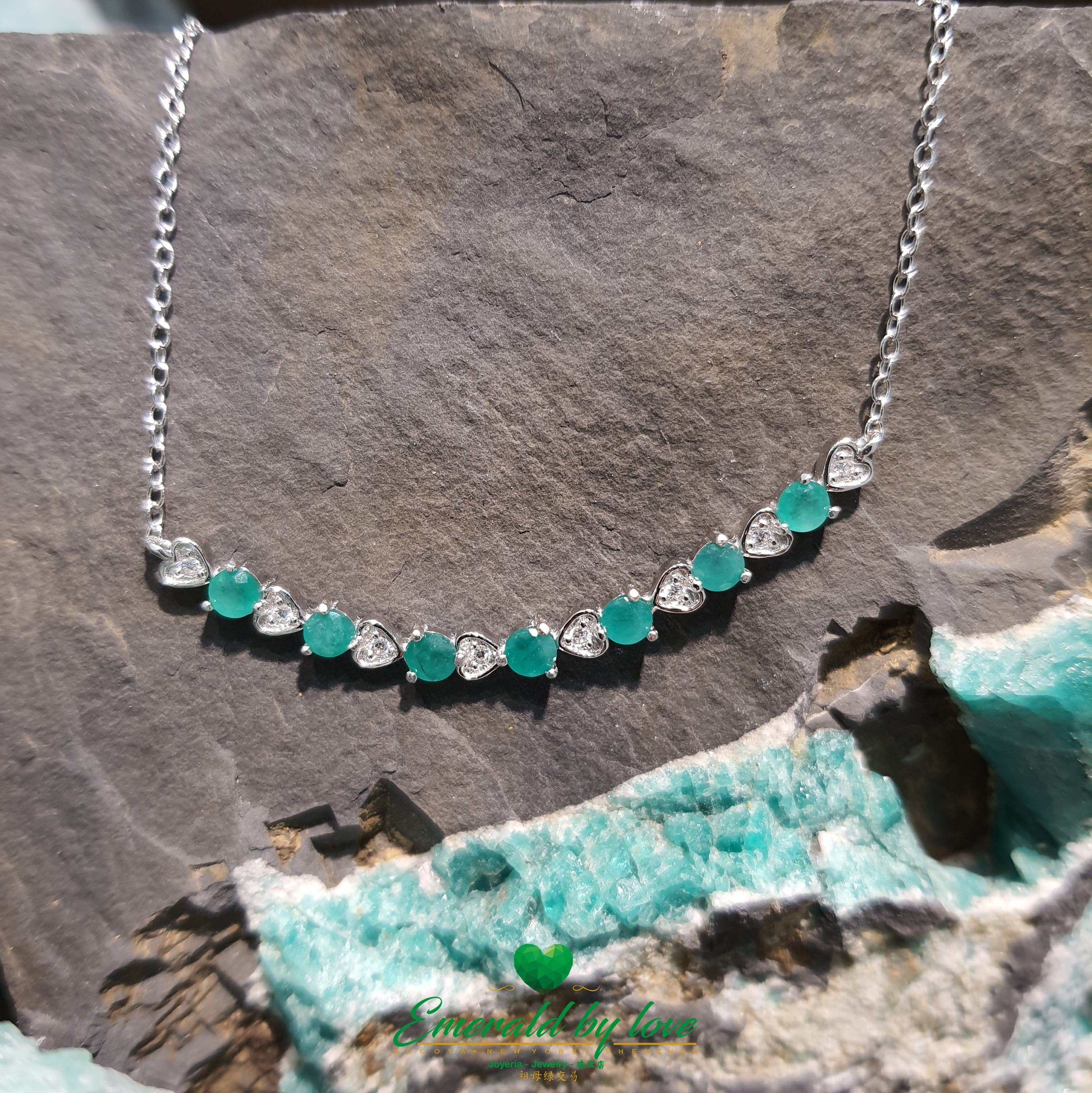 Silver Heart Choker Necklace with Emeralds and Cubic Zirconia