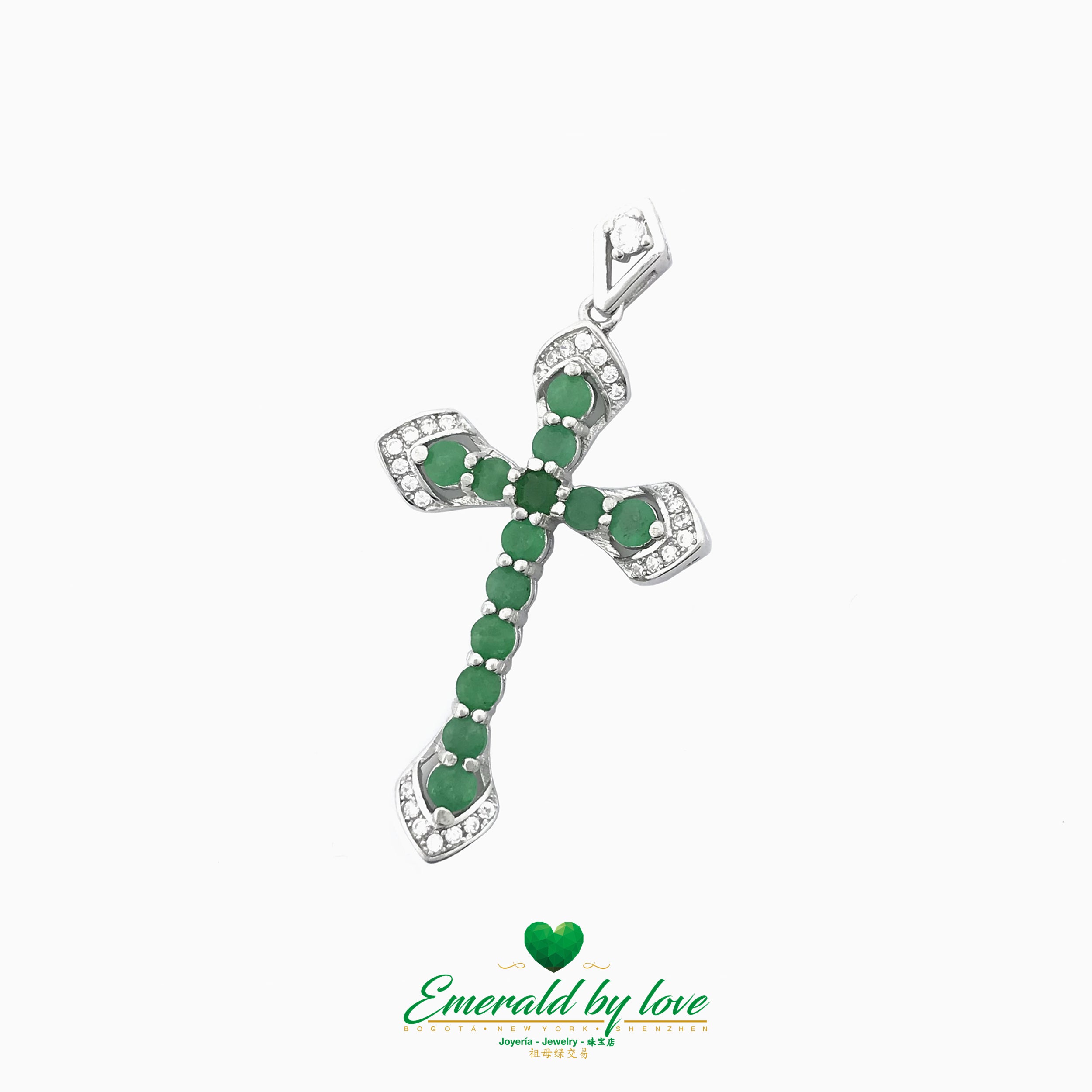 Silver Cross Pendant with Round Emeralds