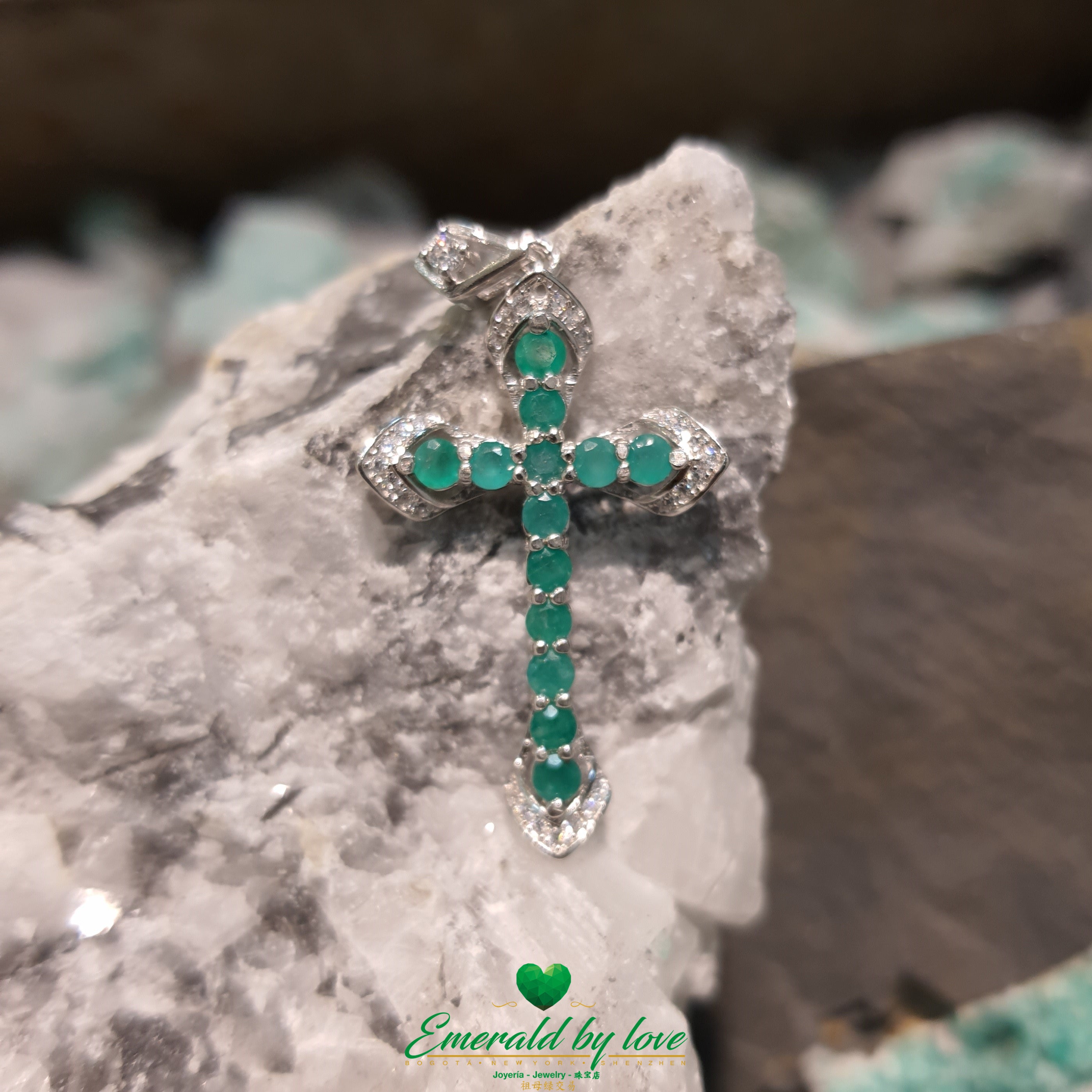 Silver Cross Pendant with Round Emeralds