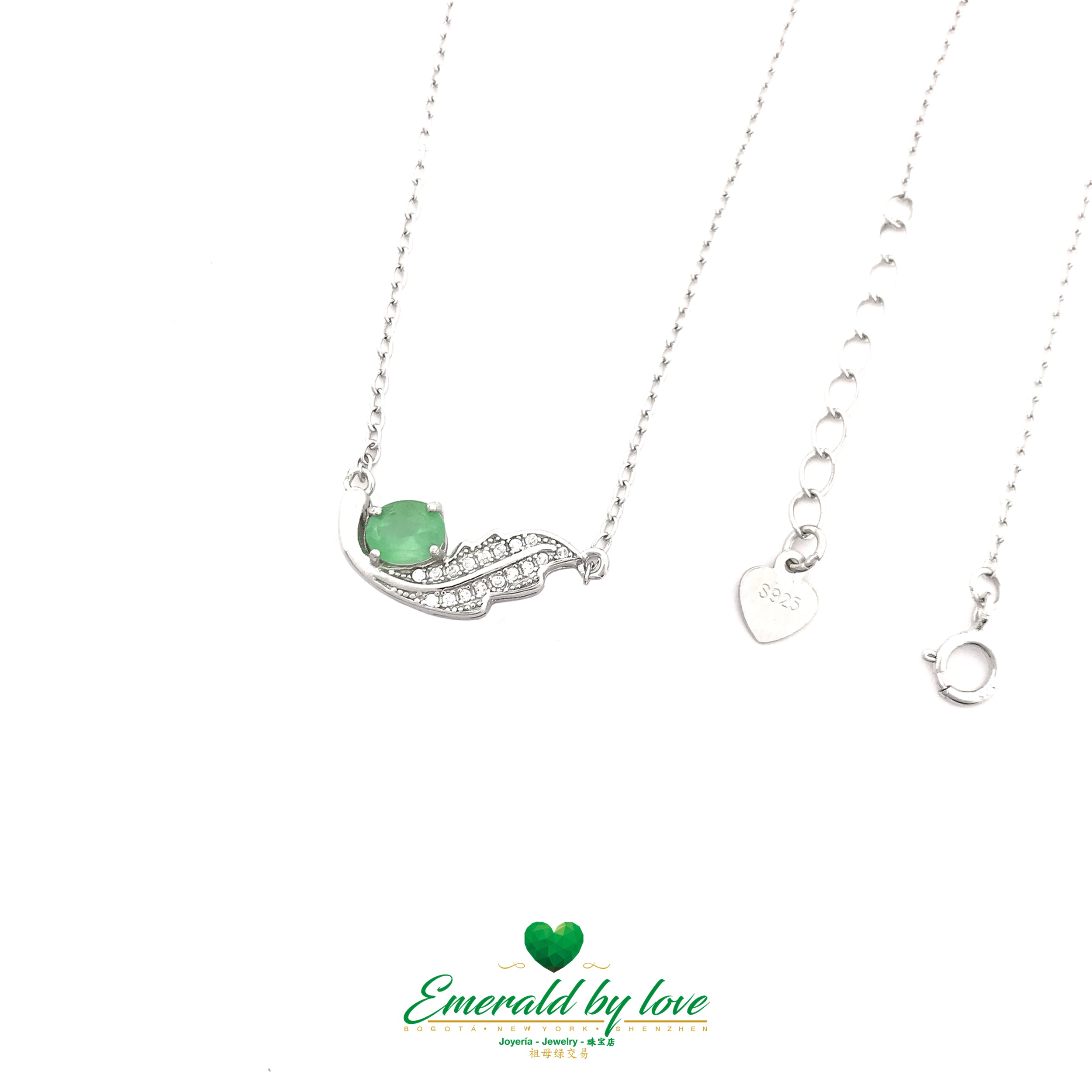 Delicate Feather Emerald Oval Pendant in Sterling Silver