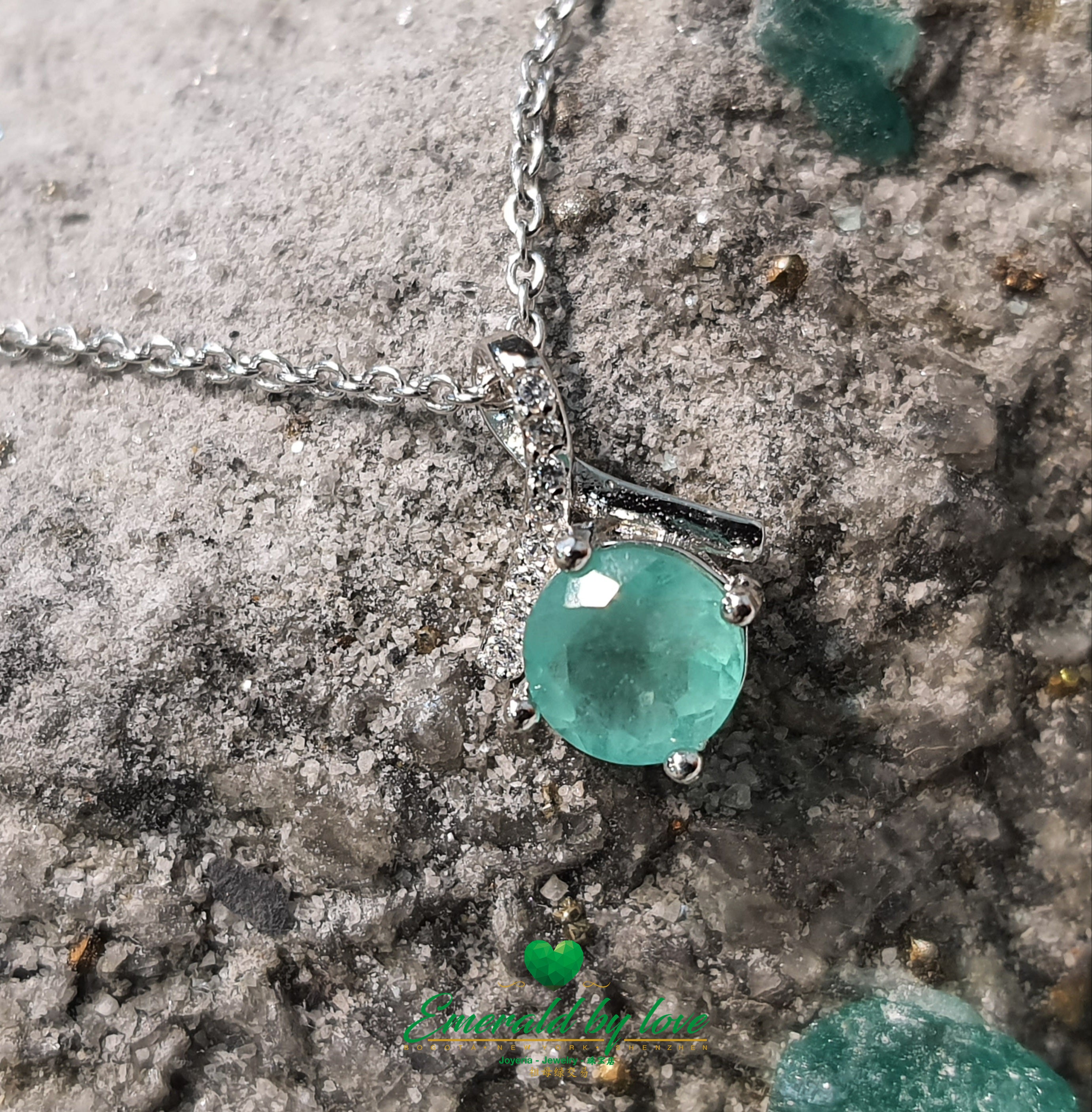 Emerald Crystal Pendant with Petite Bow of Cubic Zirconia in Sterling Silver