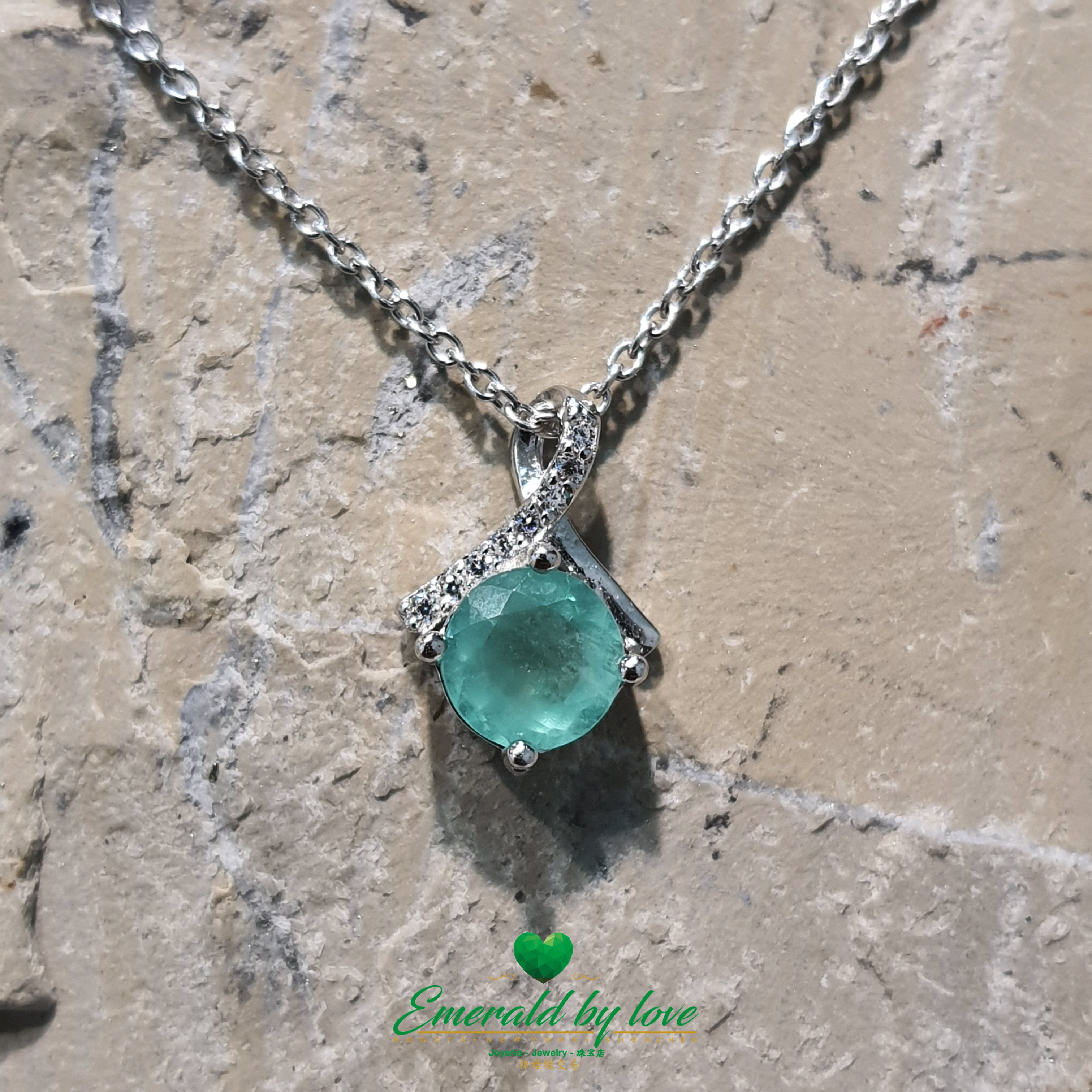 Emerald Crystal Pendant with Petite Bow of Cubic Zirconia in Sterling Silver