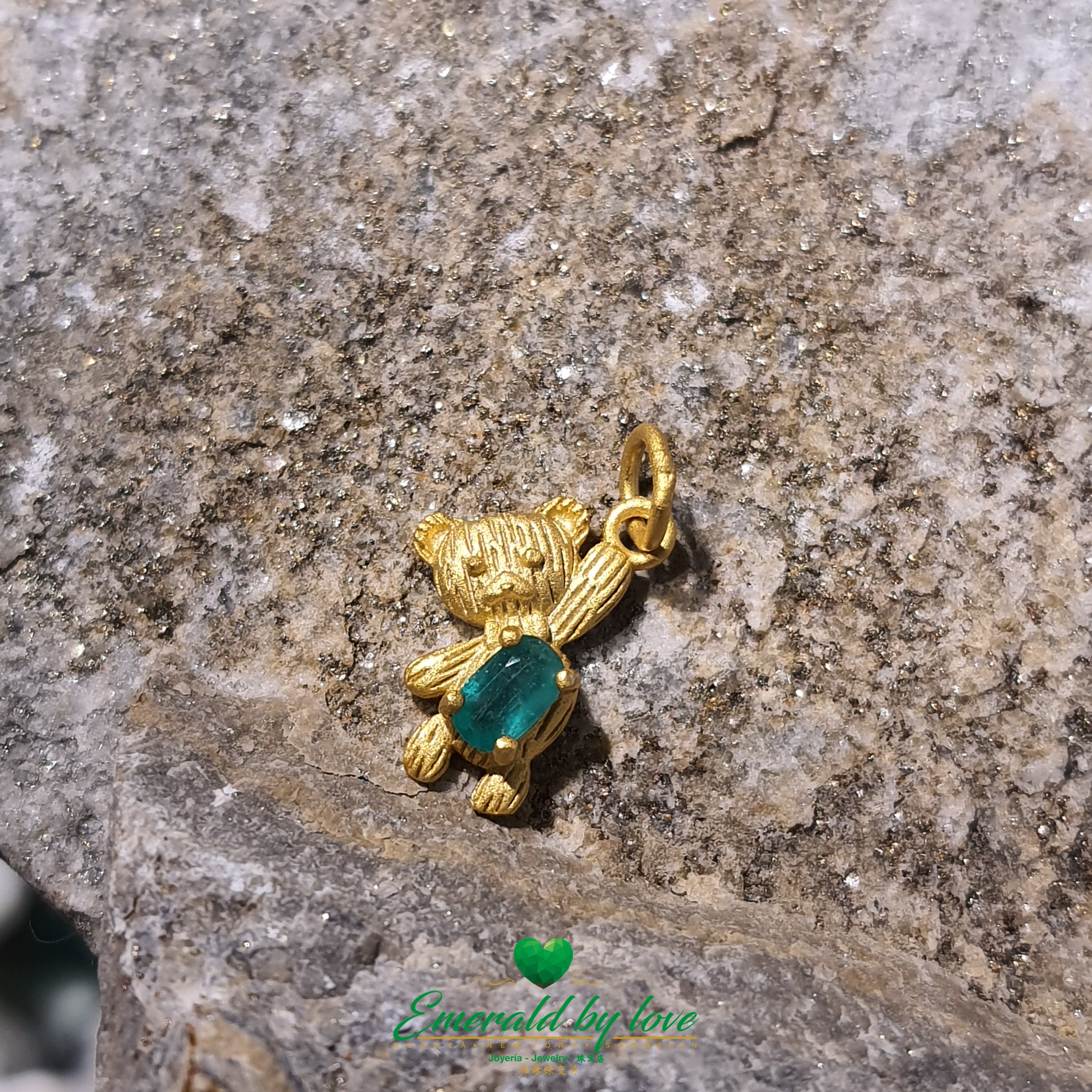 Gold-Plated Silver Pendant with Adorable Bear and Central Oval Emerald