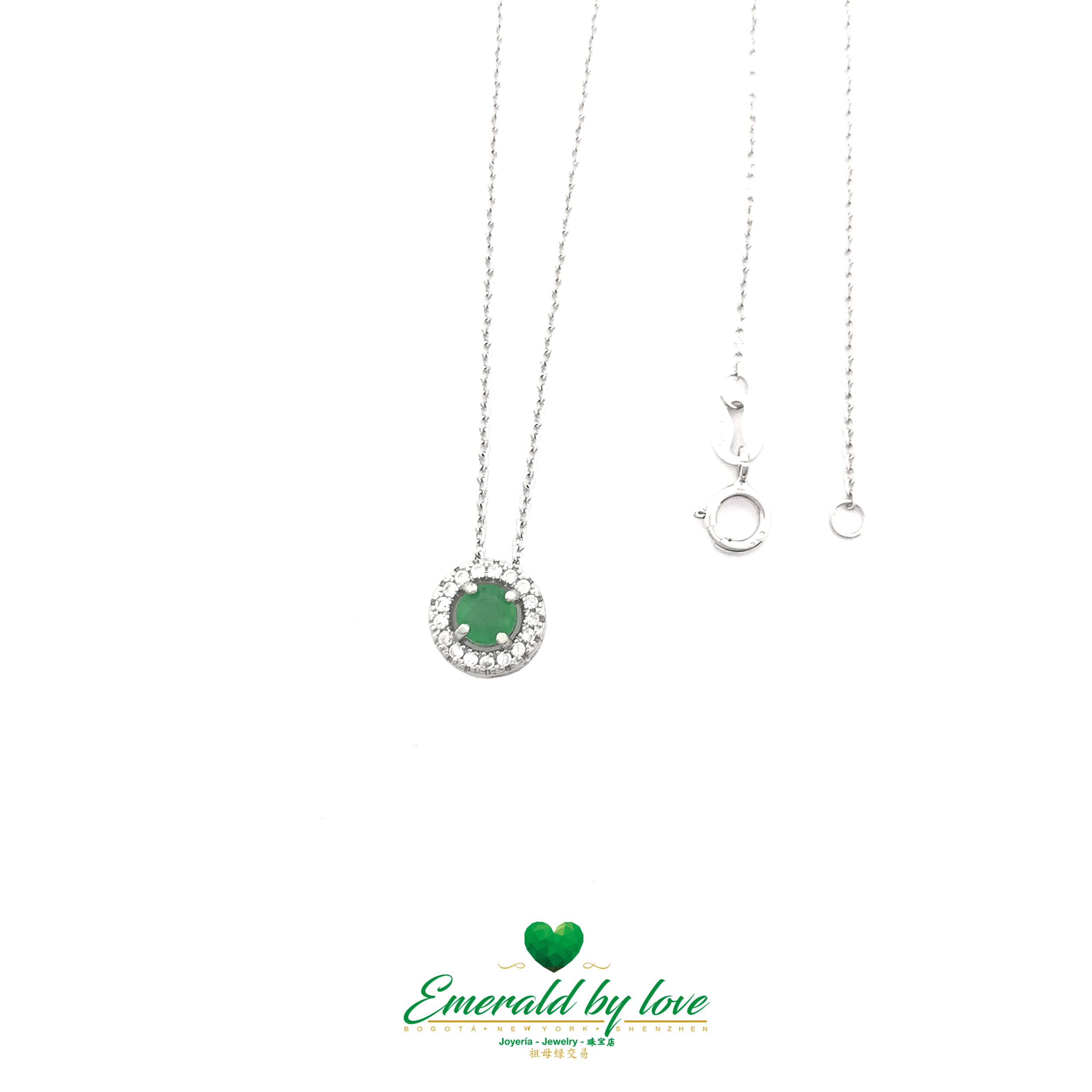 Circular Pendant with Halo of Cubic Zirconia and Central Round Crystal Emerald