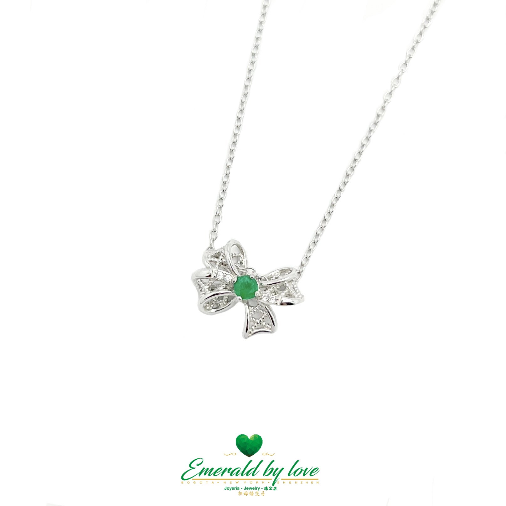 Silver Bow Pendant with Central Round Crystal Emerald