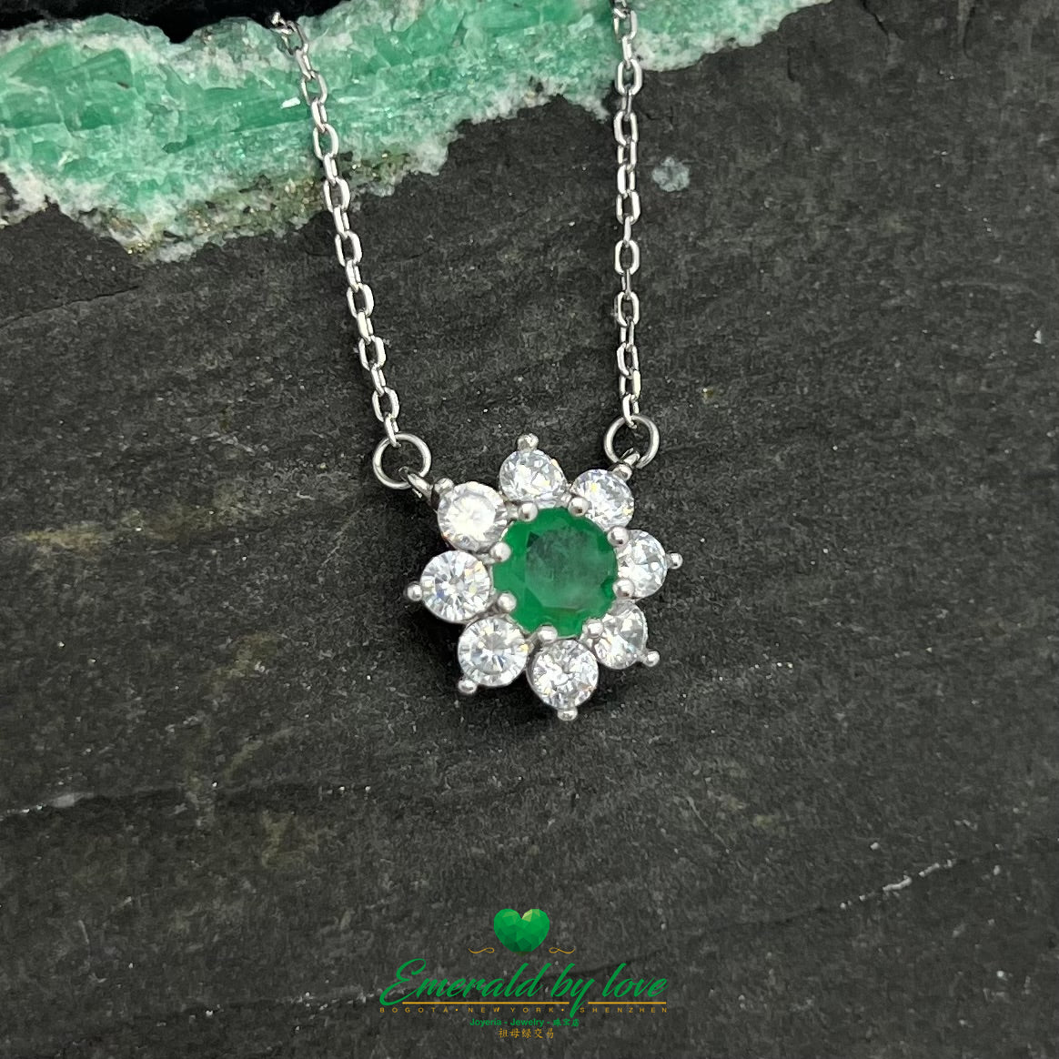 Sunflower Pendant with Medium Round Emerald