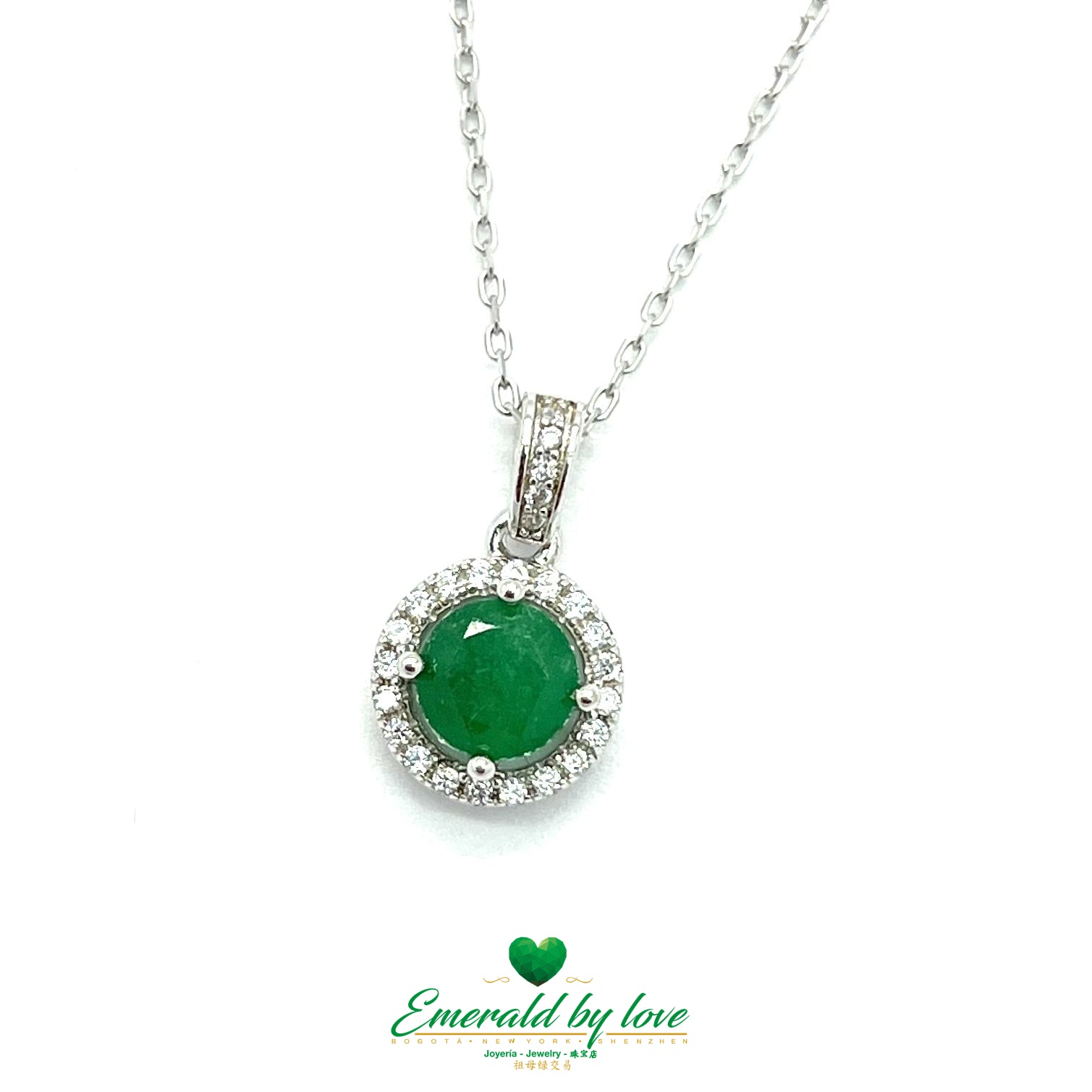 Simple Round Emerald Pendant with Halo of Cubic Zirconia