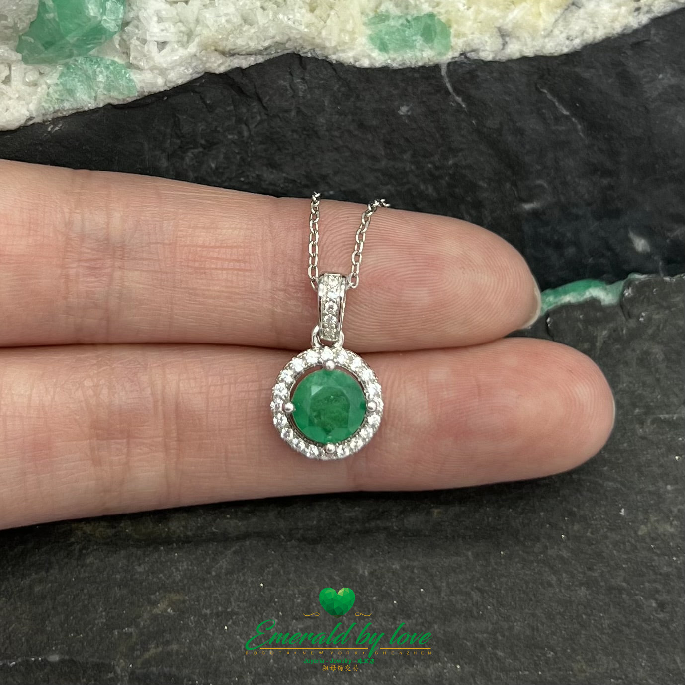 Simple Round Emerald Pendant with Halo of Cubic Zirconia