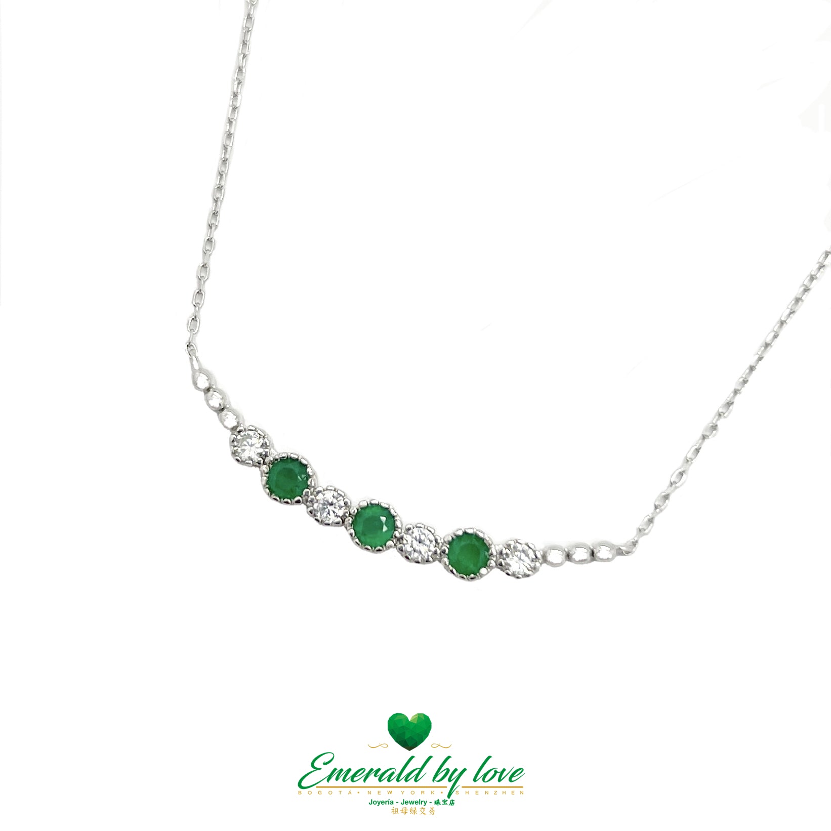 Interlinked Emerald and Round Cubic Zirconia Sterling Silver Choker