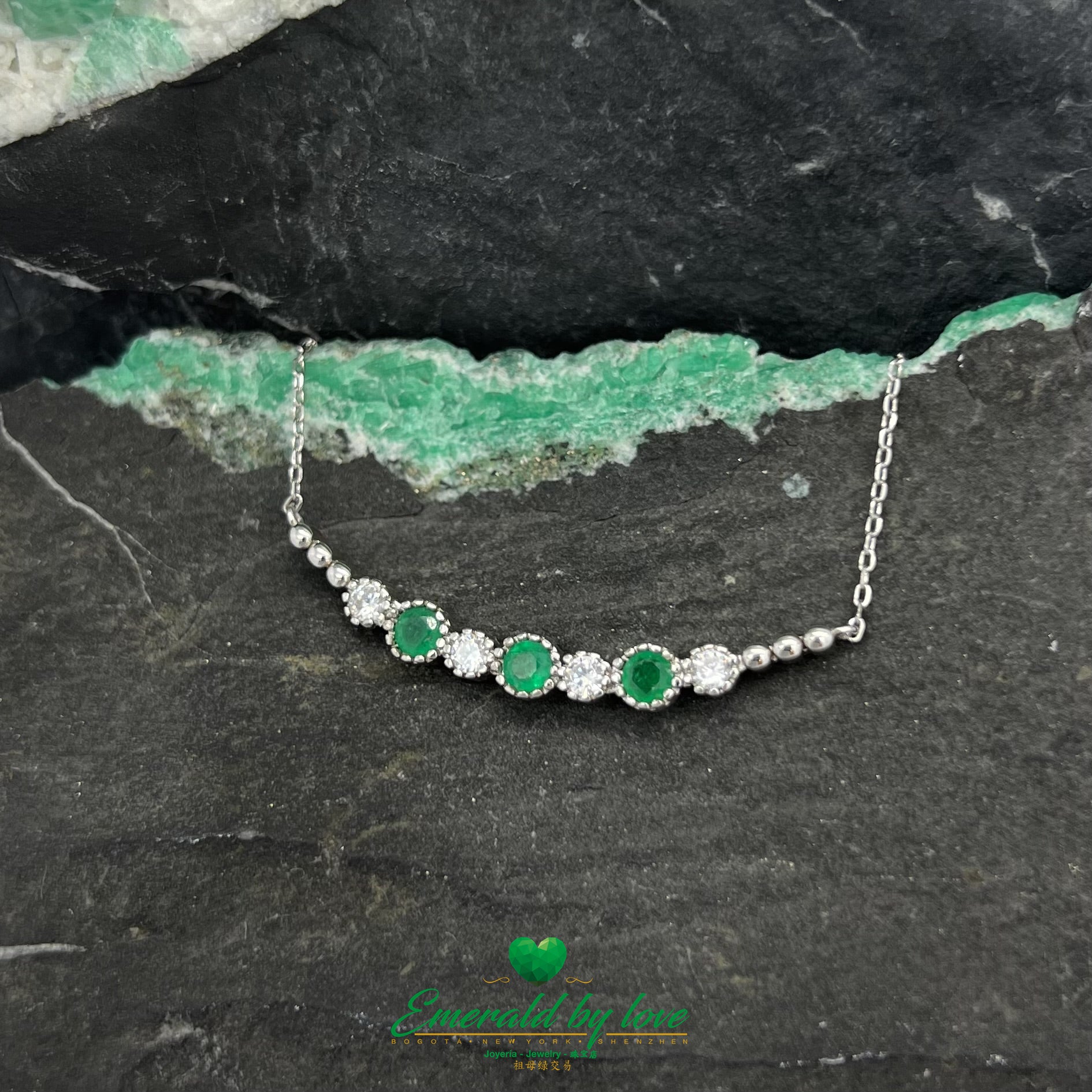 Interlinked Emerald and Round Cubic Zirconia Sterling Silver Choker