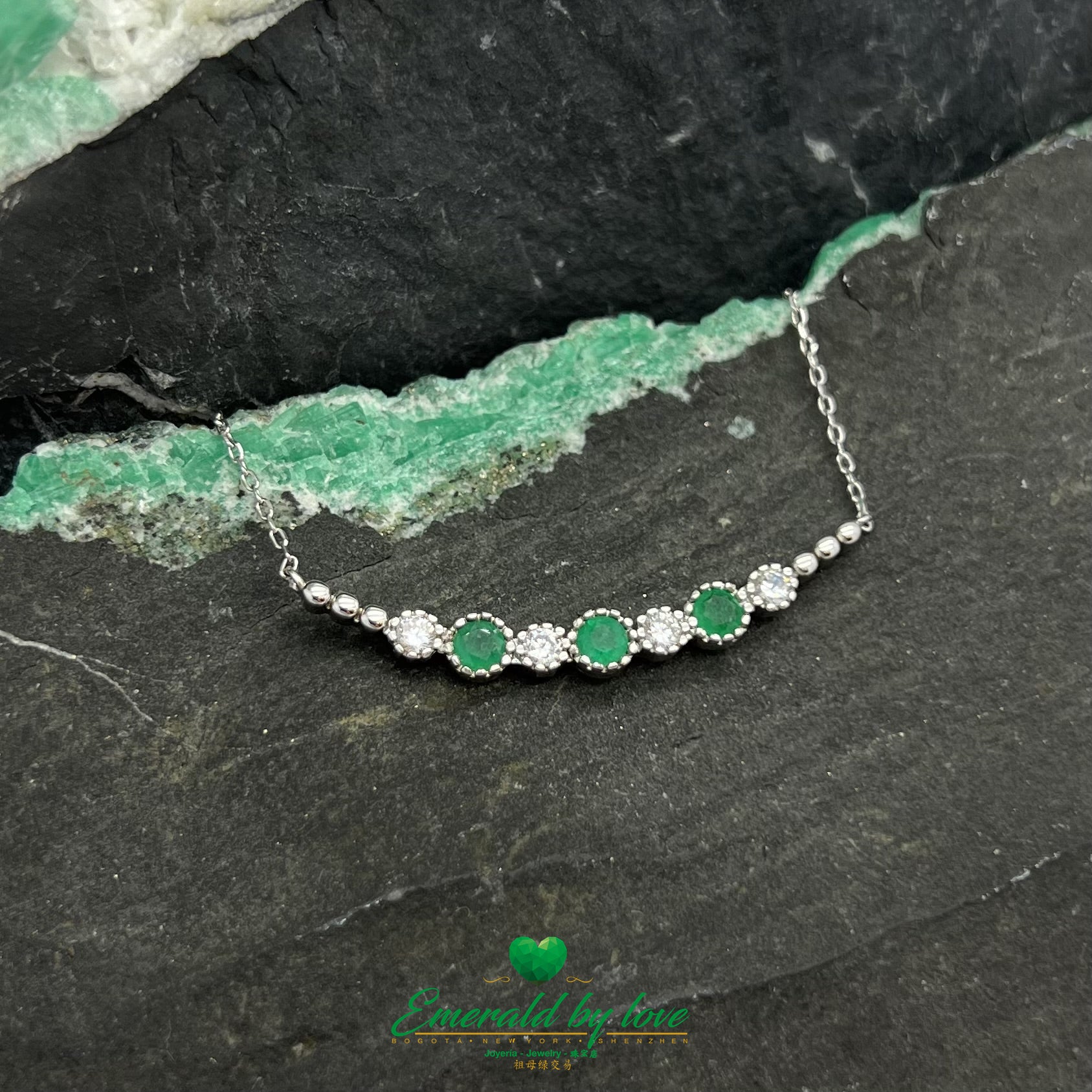 Interlinked Emerald and Round Cubic Zirconia Sterling Silver Choker
