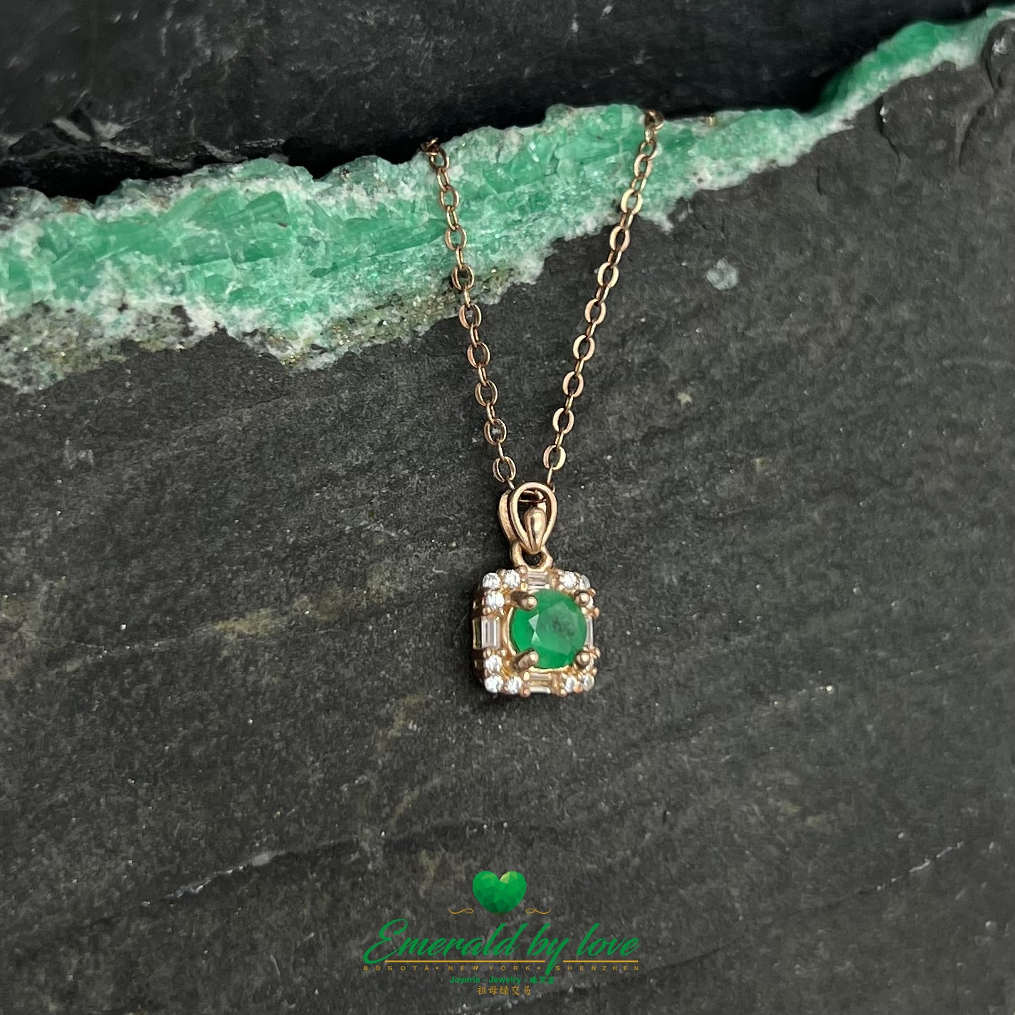 Rose Gold-Plated Sterling Silver Pendant with Natural Round Emerald