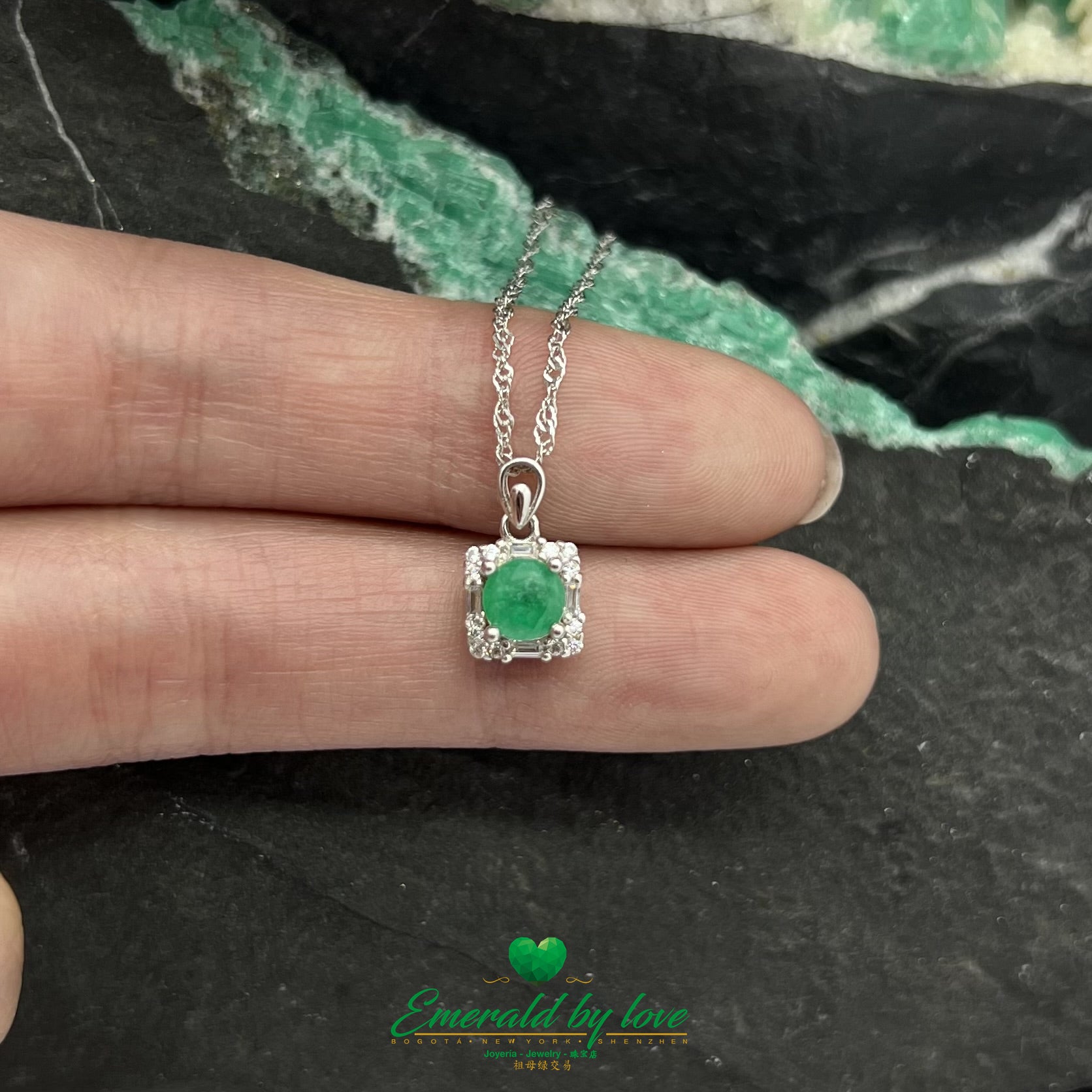 Round Emerald Pendant with Baguette-Cut Cubic Zirconia Surround