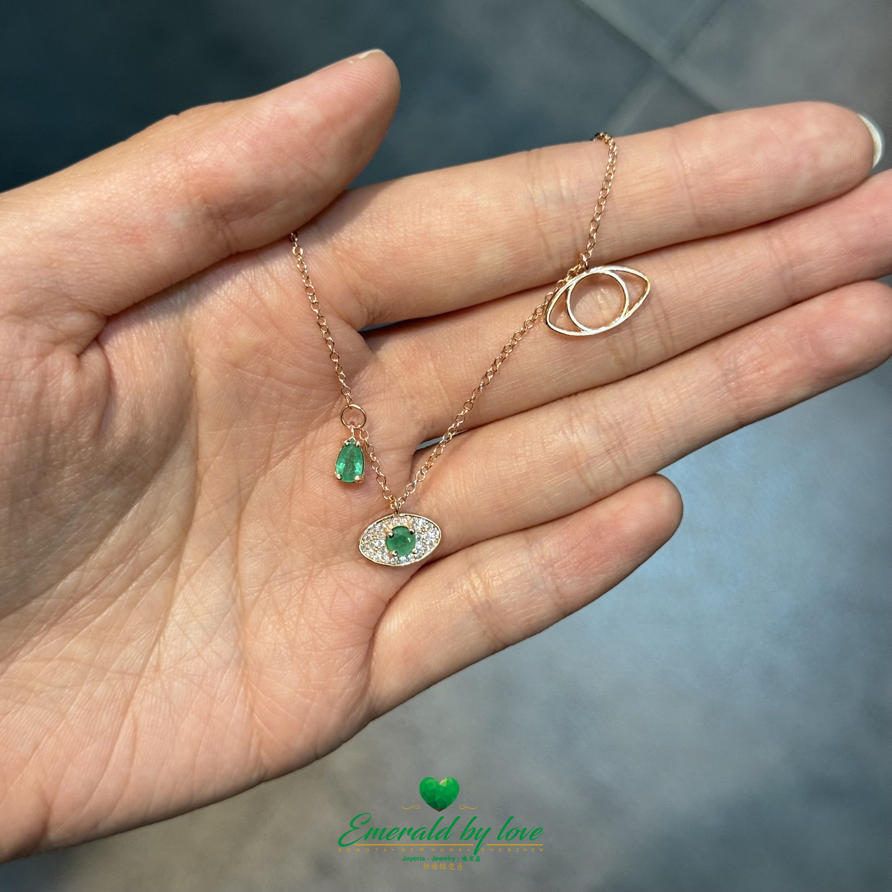 925 Silver Pendant with Rose Gold Plating - Triple Charm with Emerald Teardrop, Zircon Eye & Crystal Accent