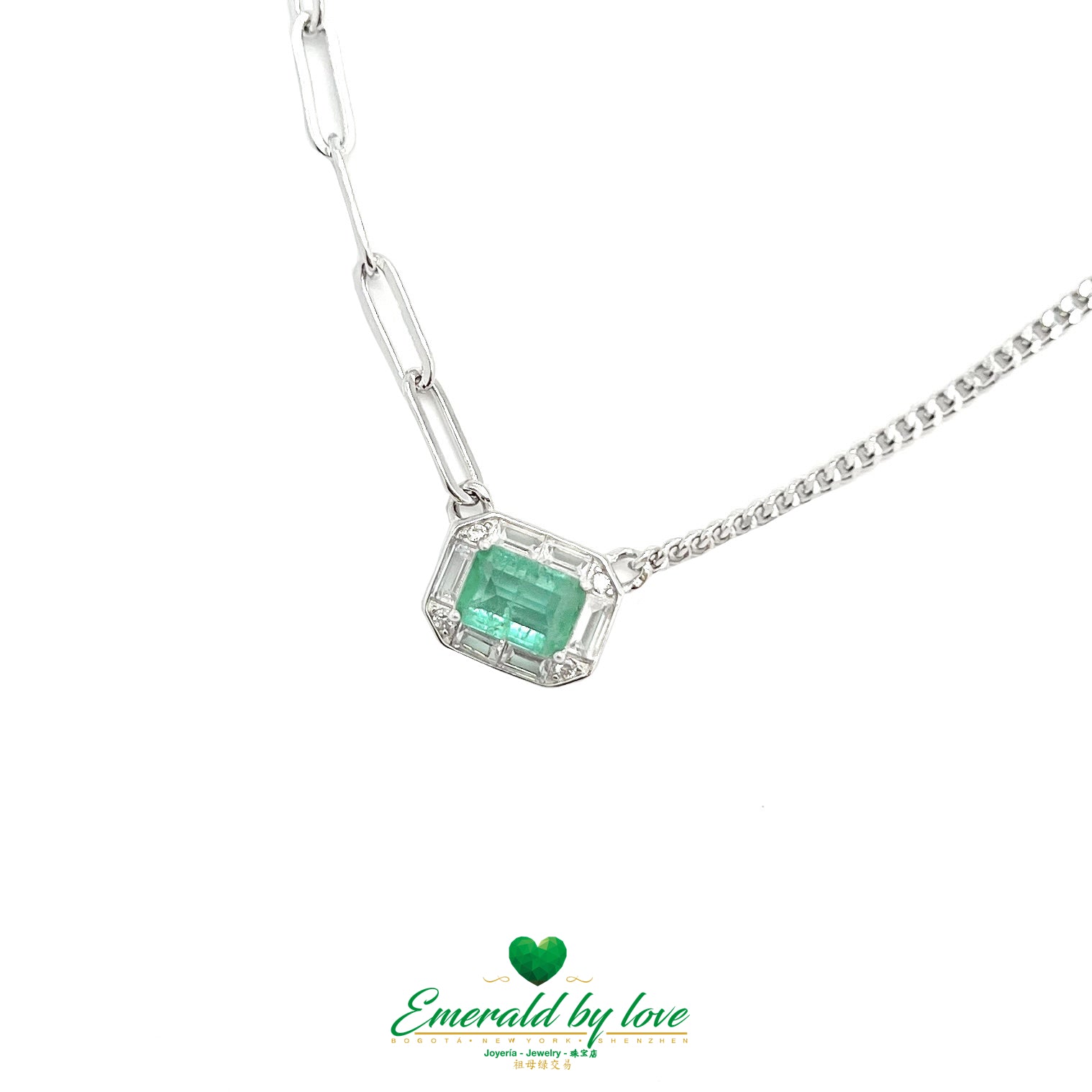 Rectangular Crystal Emerald Pendant with Double Chain Design