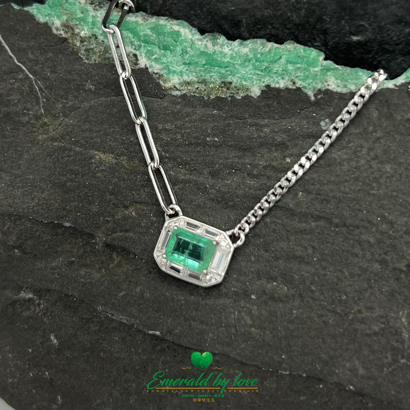 Rectangular Crystal Emerald Pendant with Double Chain Design