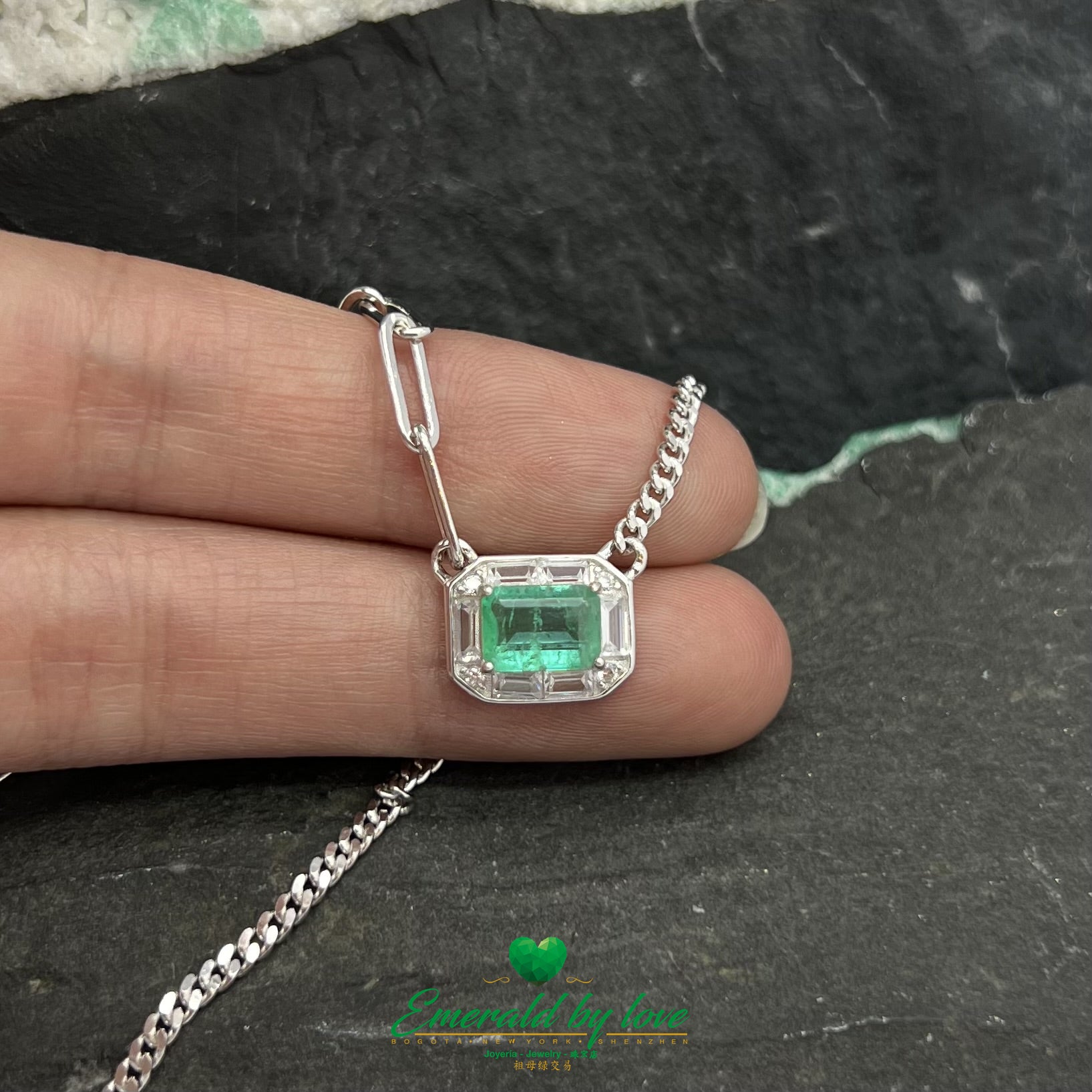 Rectangular Crystal Emerald Pendant with Double Chain Design