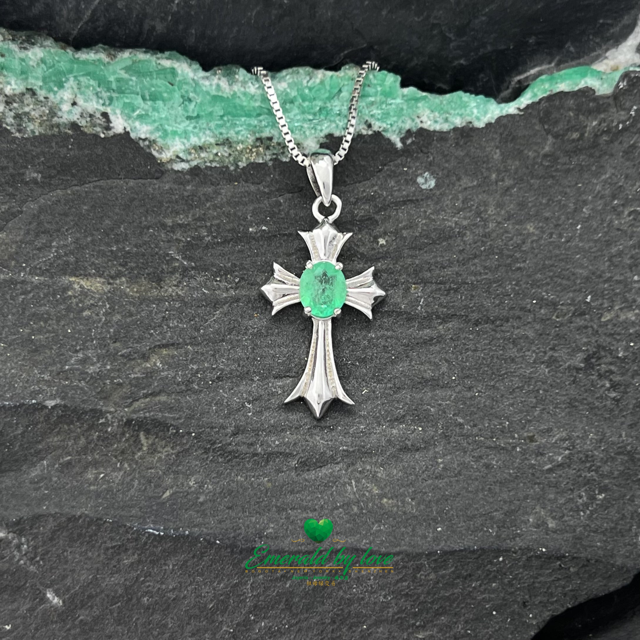 925 Silver Cross Pendant with Natural Oval Colombian Emerald