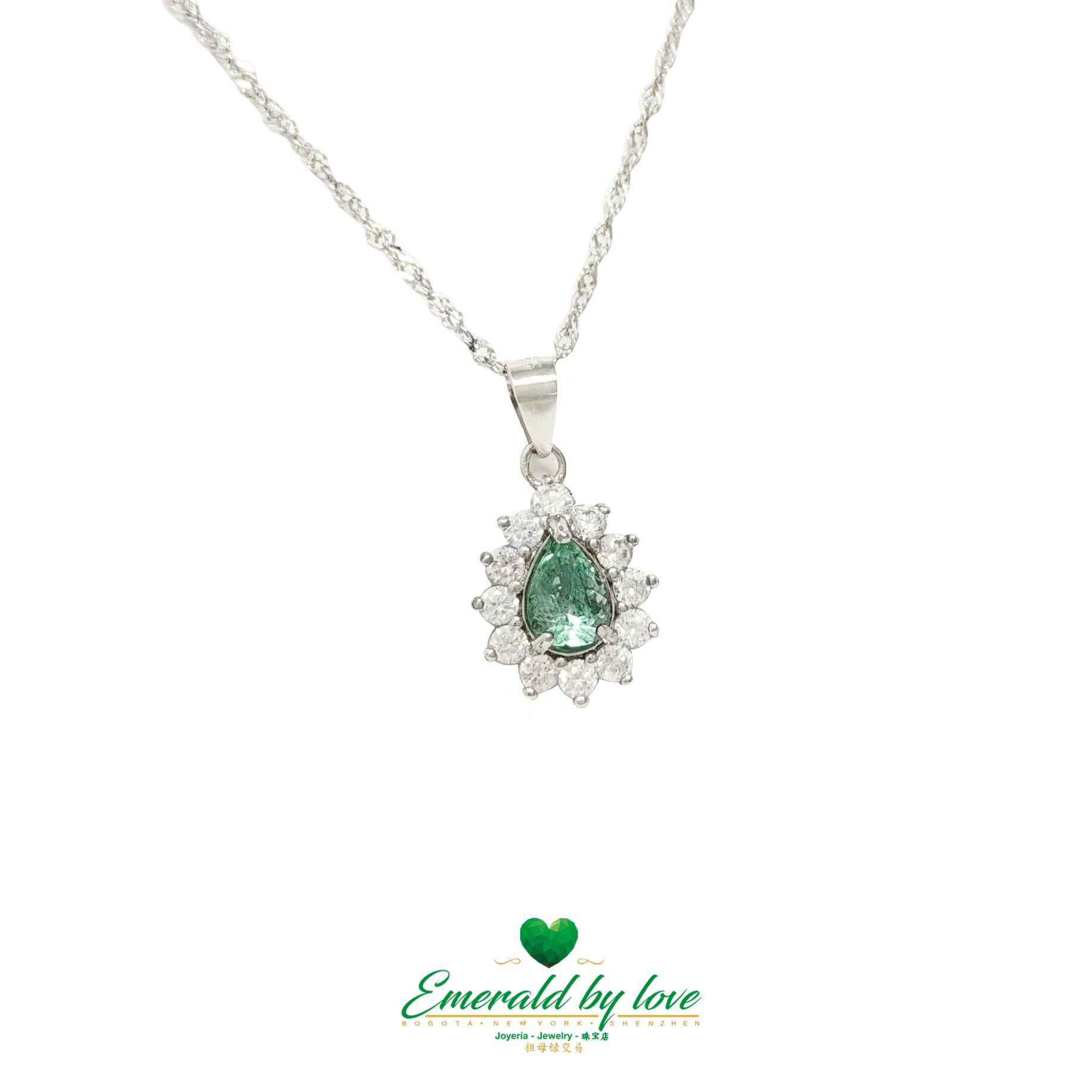 Marquise Pear-Shaped Emerald Pendant in Sterling Silver with White Zircon