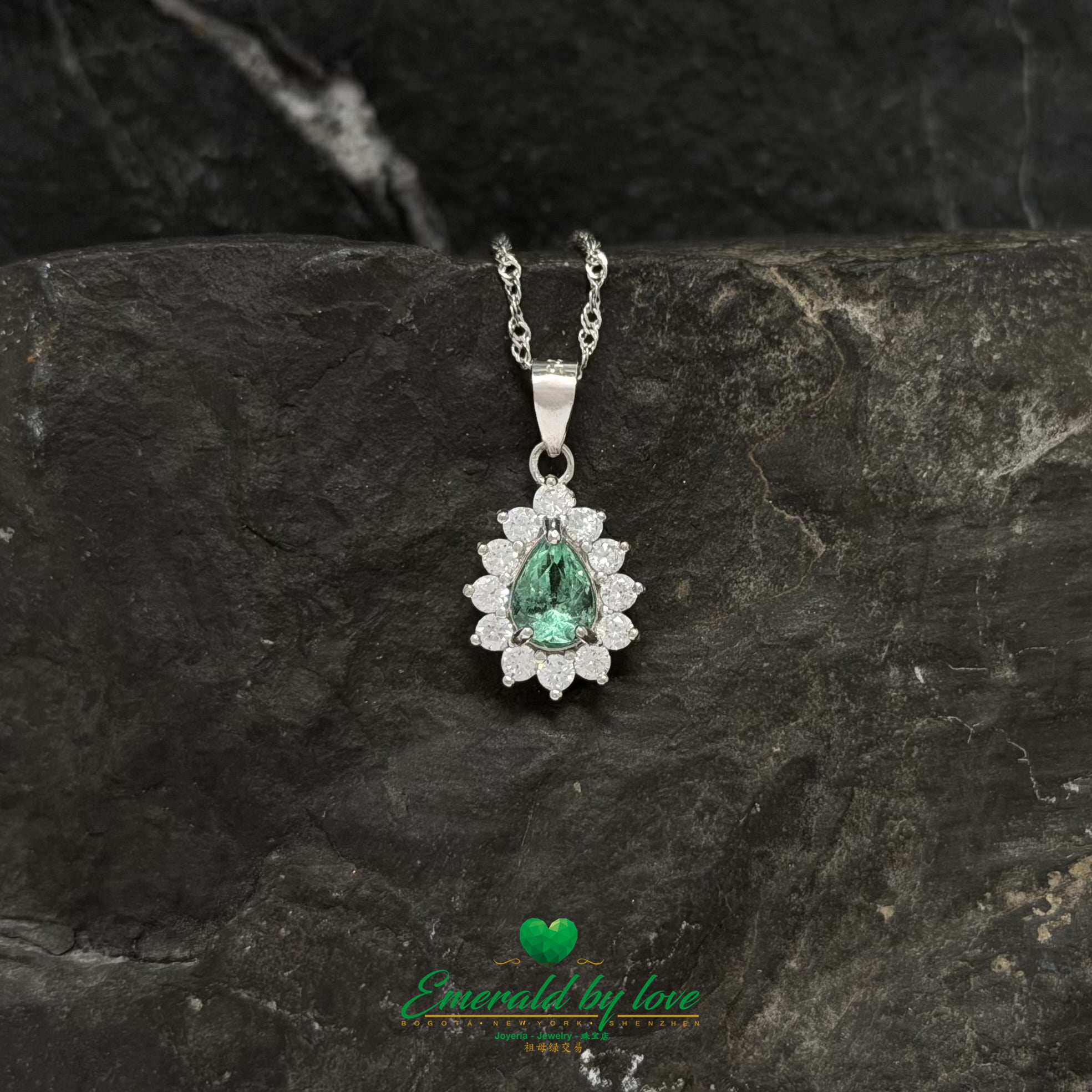 Marquise Pear-Shaped Emerald Pendant in Sterling Silver with White Zircon