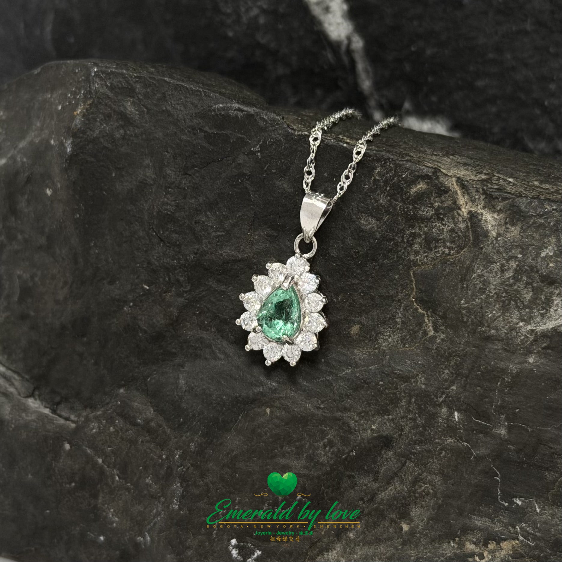 Marquise Pear-Shaped Emerald Pendant in Sterling Silver with White Zircon