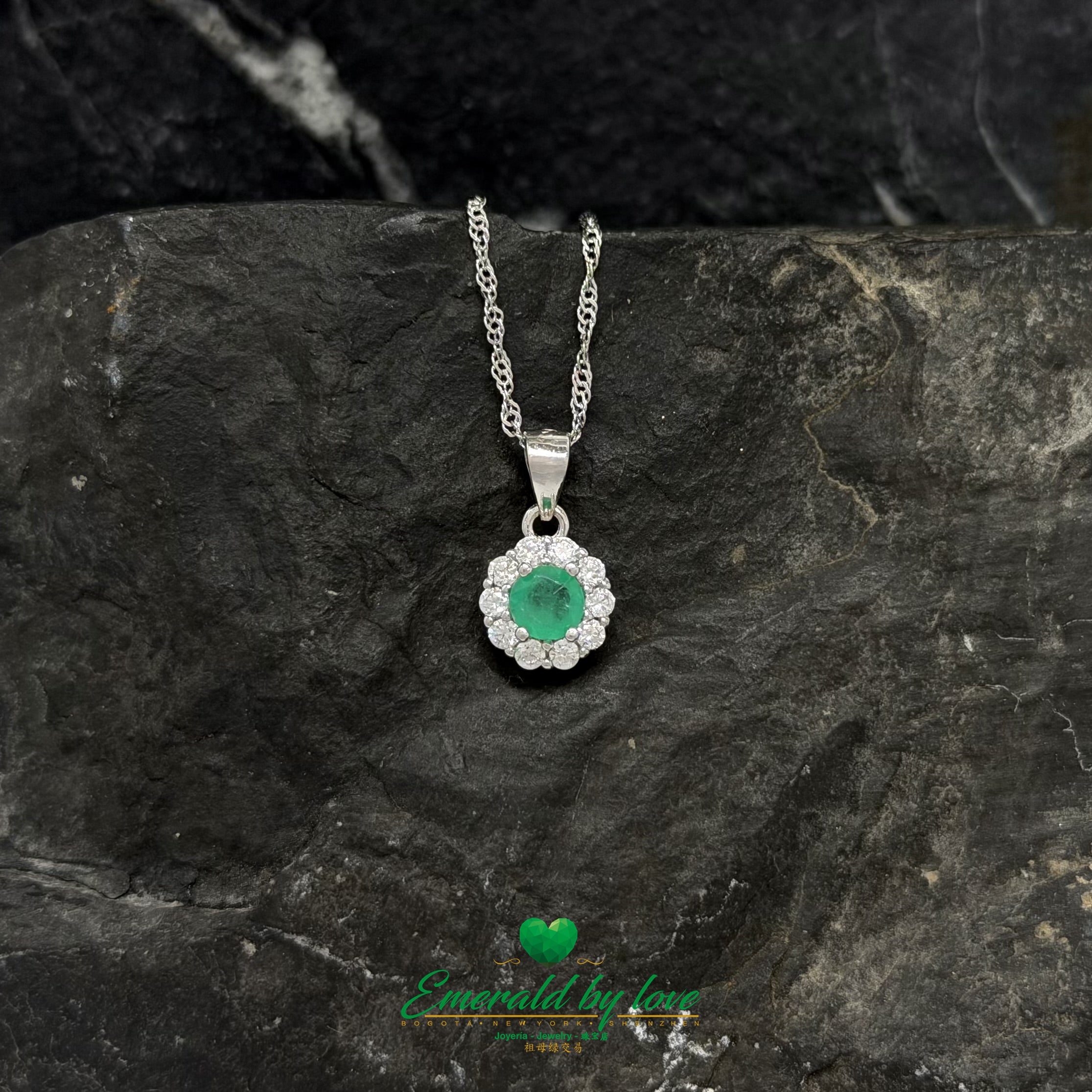 Round Emerald Floral Halo Pendant in Sterling Silver with White Zircon