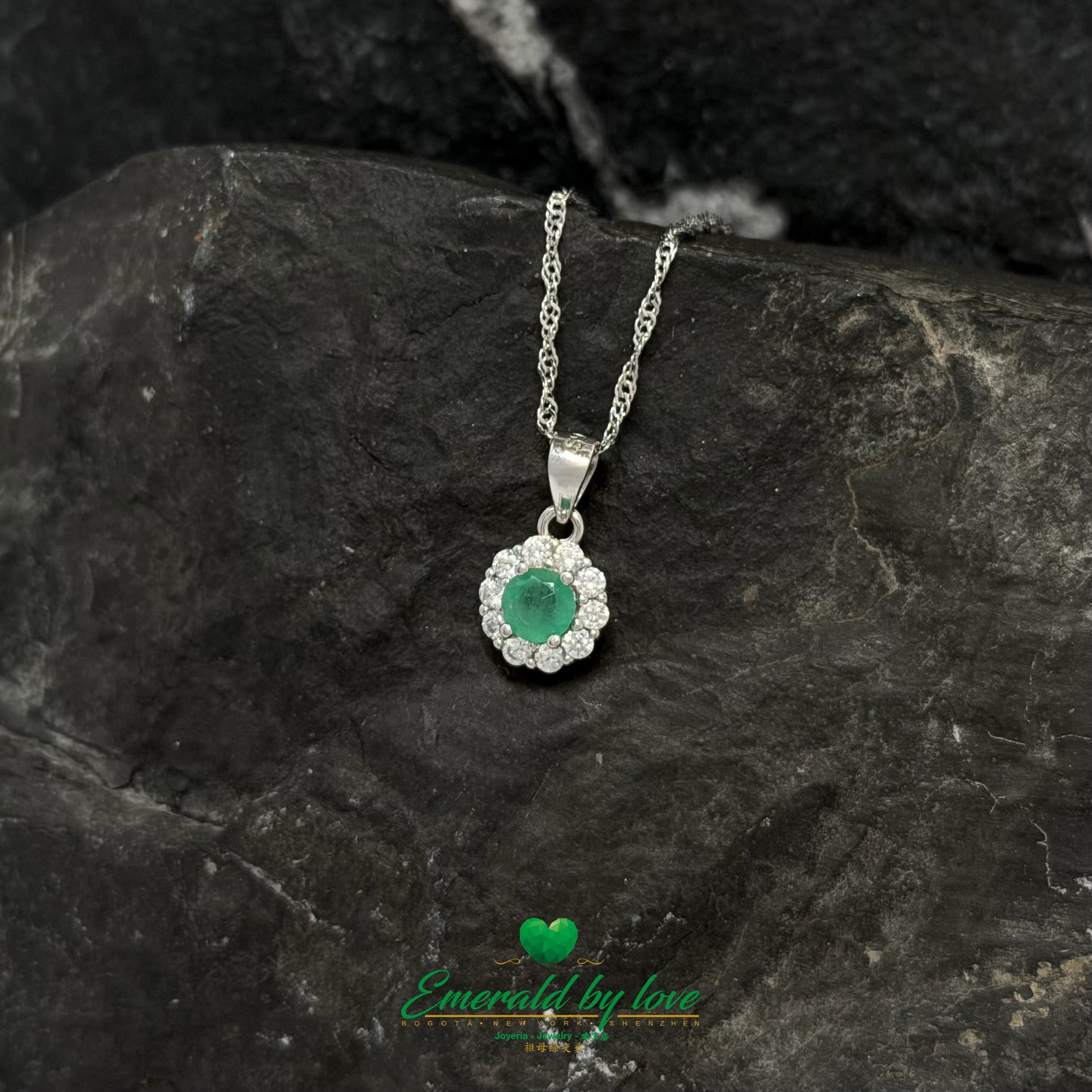 Round Emerald Floral Halo Pendant in Sterling Silver with White Zircon