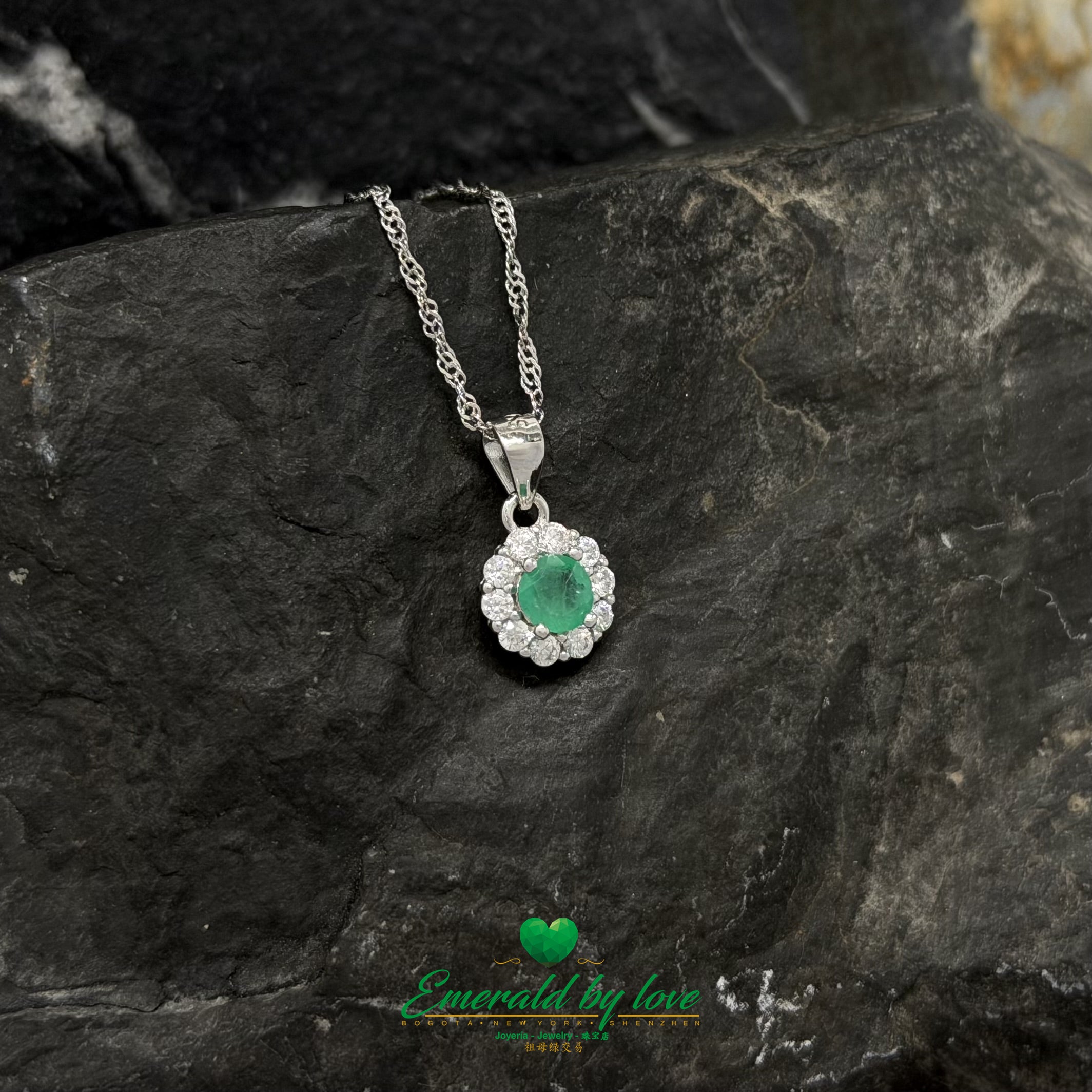 Round Emerald Floral Halo Pendant in Sterling Silver with White Zircon