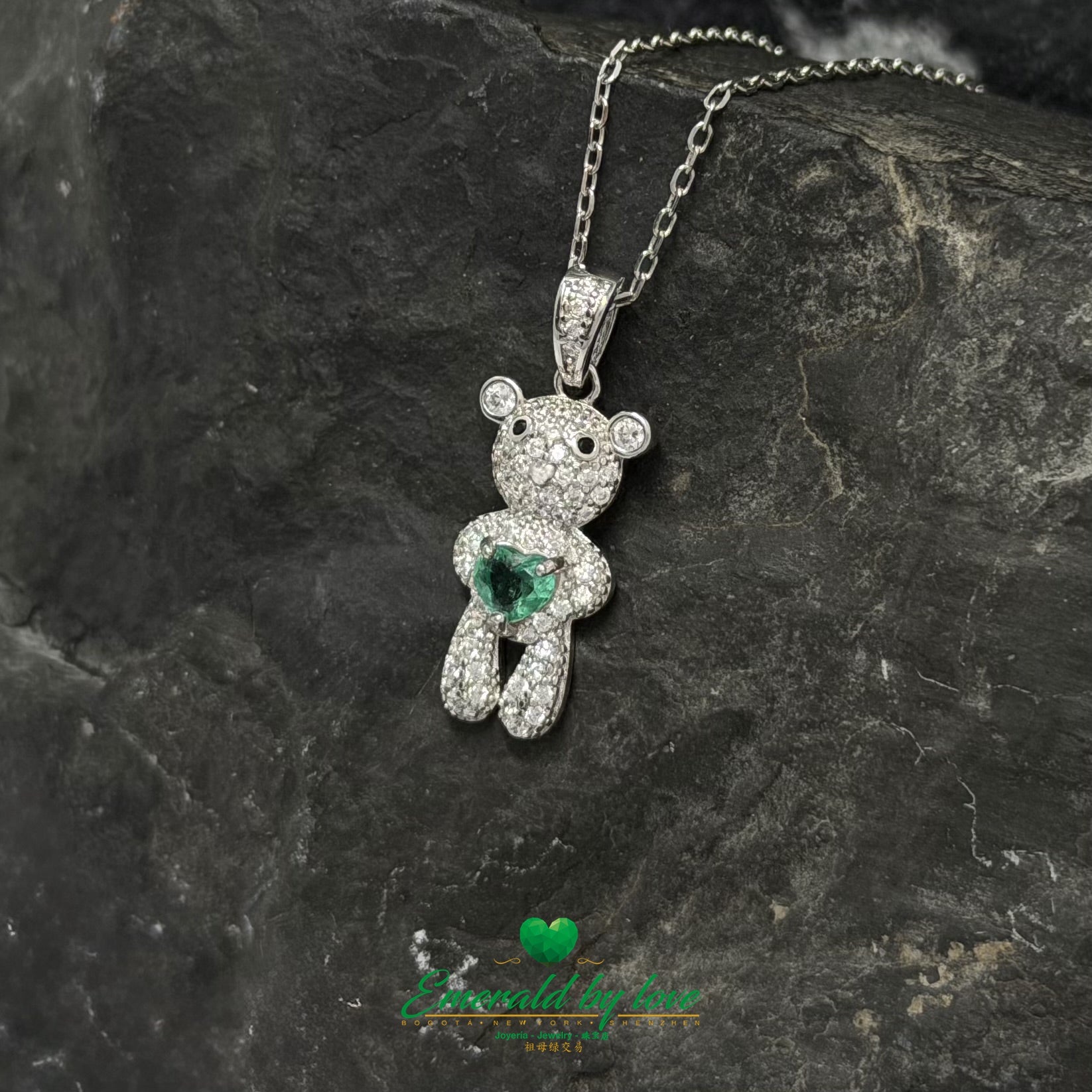 Teddy Bear Pendant with Heart-Shaped Emerald and White Zircon Accents in Sterling Silver