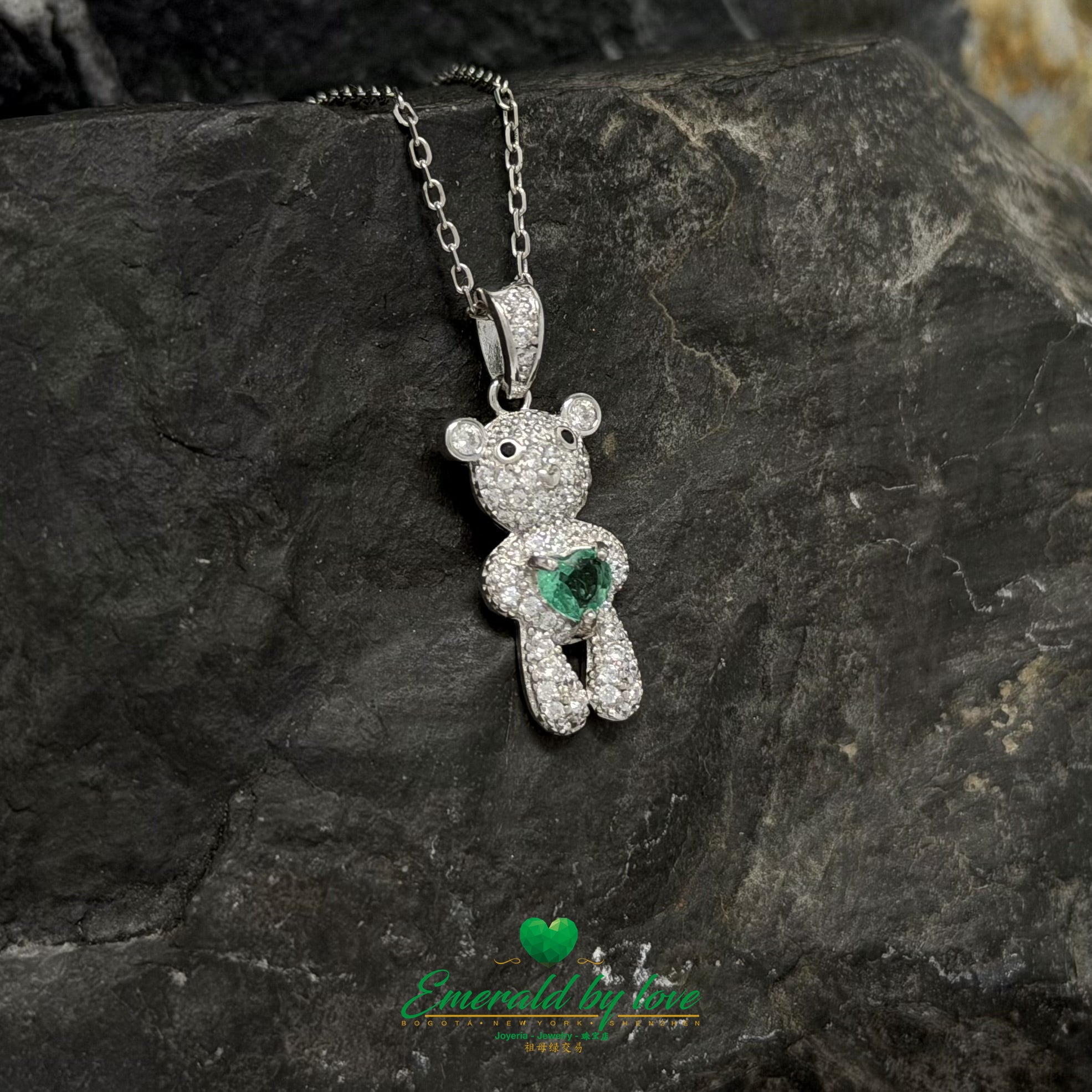 Teddy Bear Pendant with Heart-Shaped Emerald and White Zircon Accents in Sterling Silver