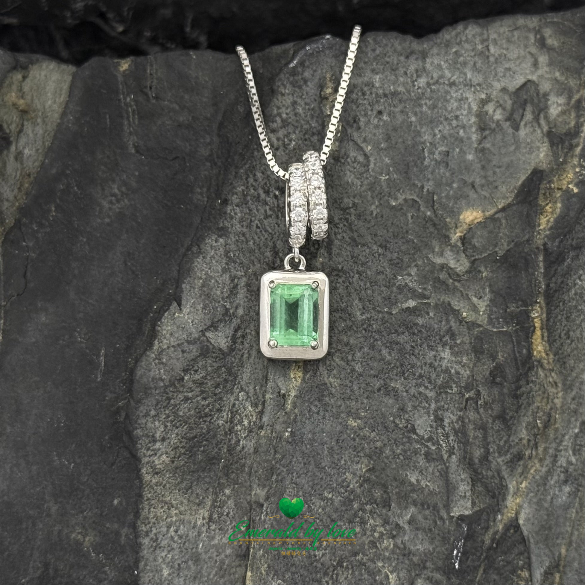 Sterling Silver Chain with Emerald Cut Emerald Pendant and Cubic Zirconia Roll Setting