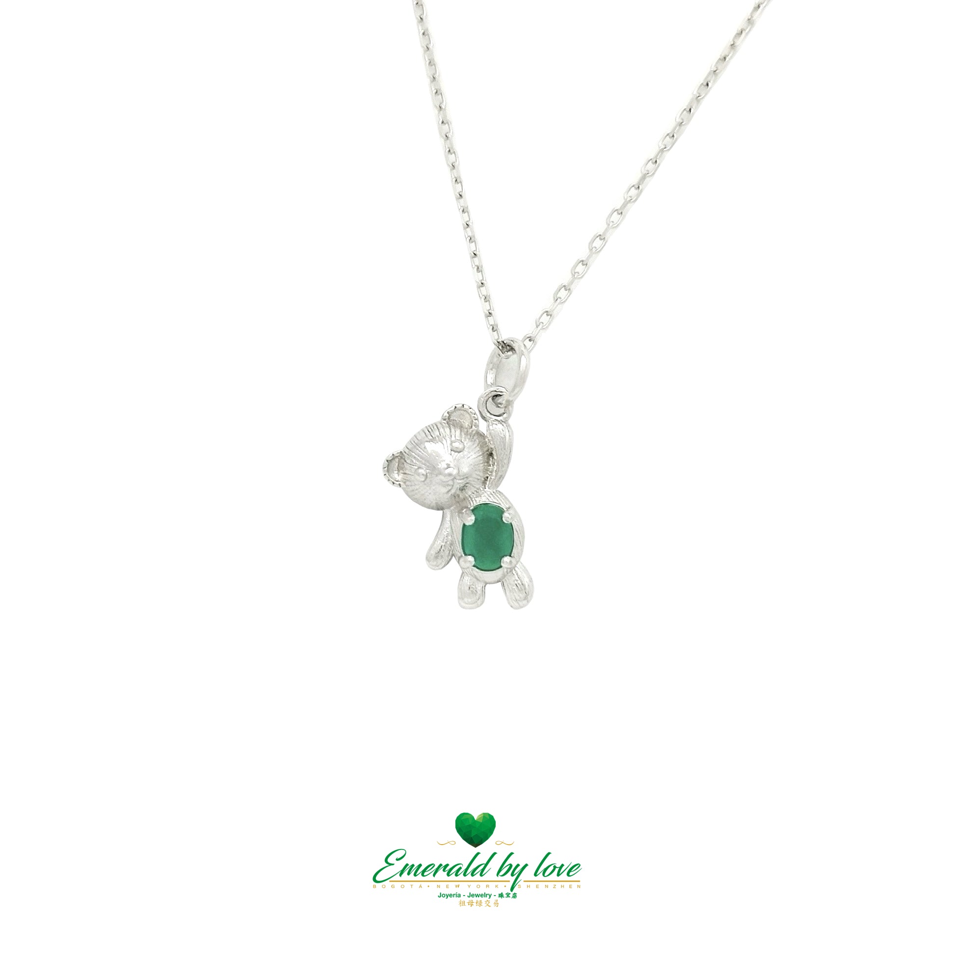 Sterling Silver Bear Pendant with Oval Emerald Center