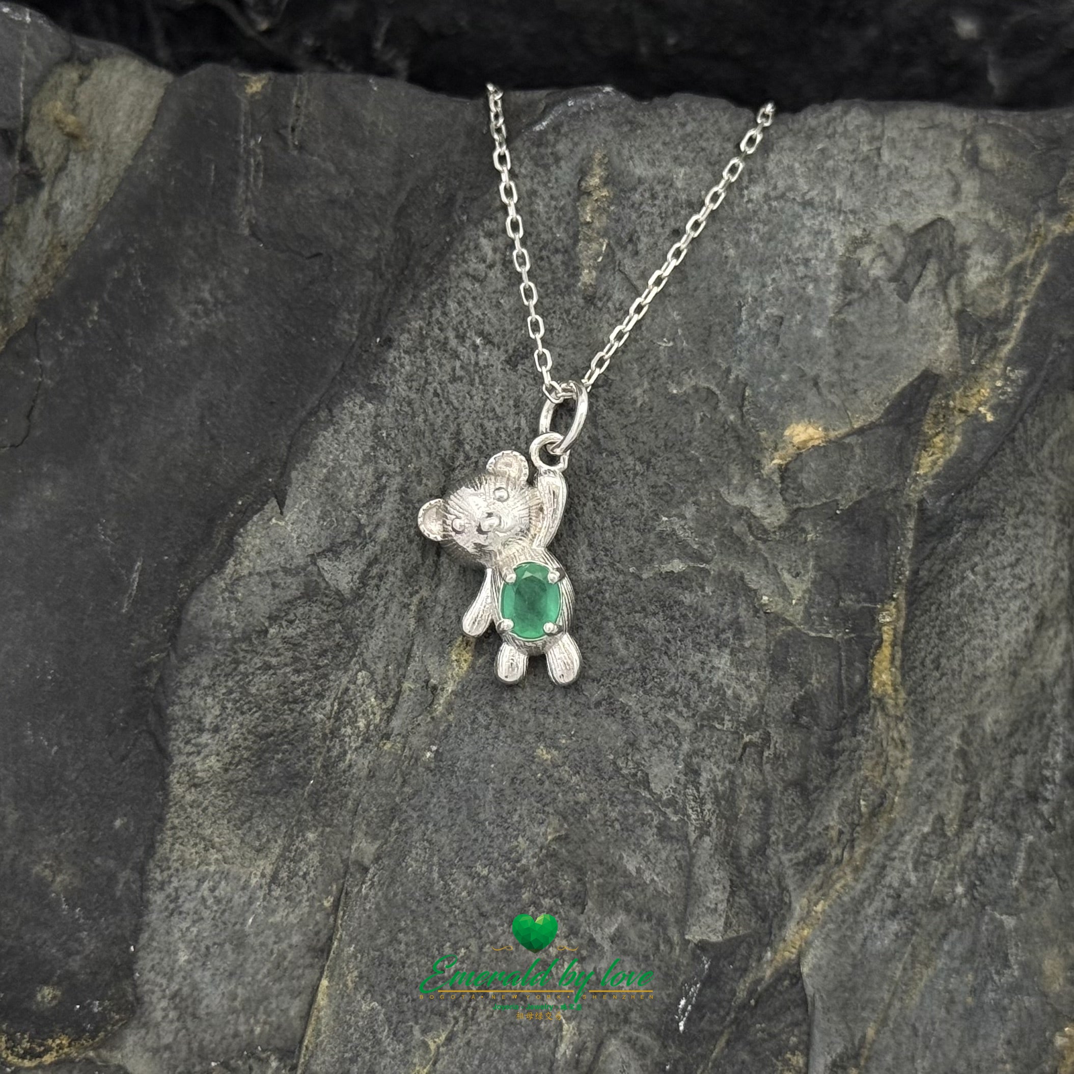 Sterling Silver Bear Pendant with Oval Emerald Center