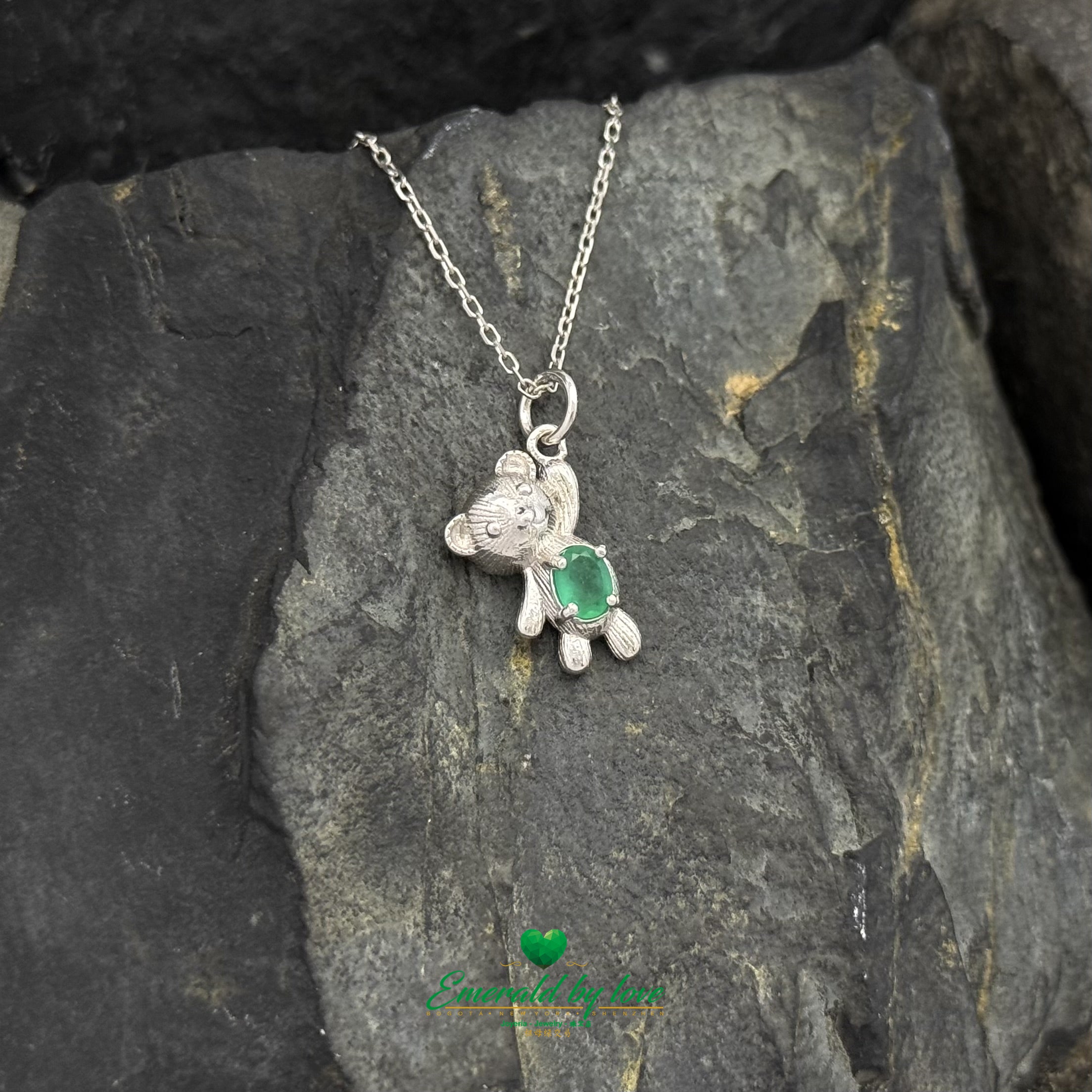 Sterling Silver Bear Pendant with Oval Emerald Center