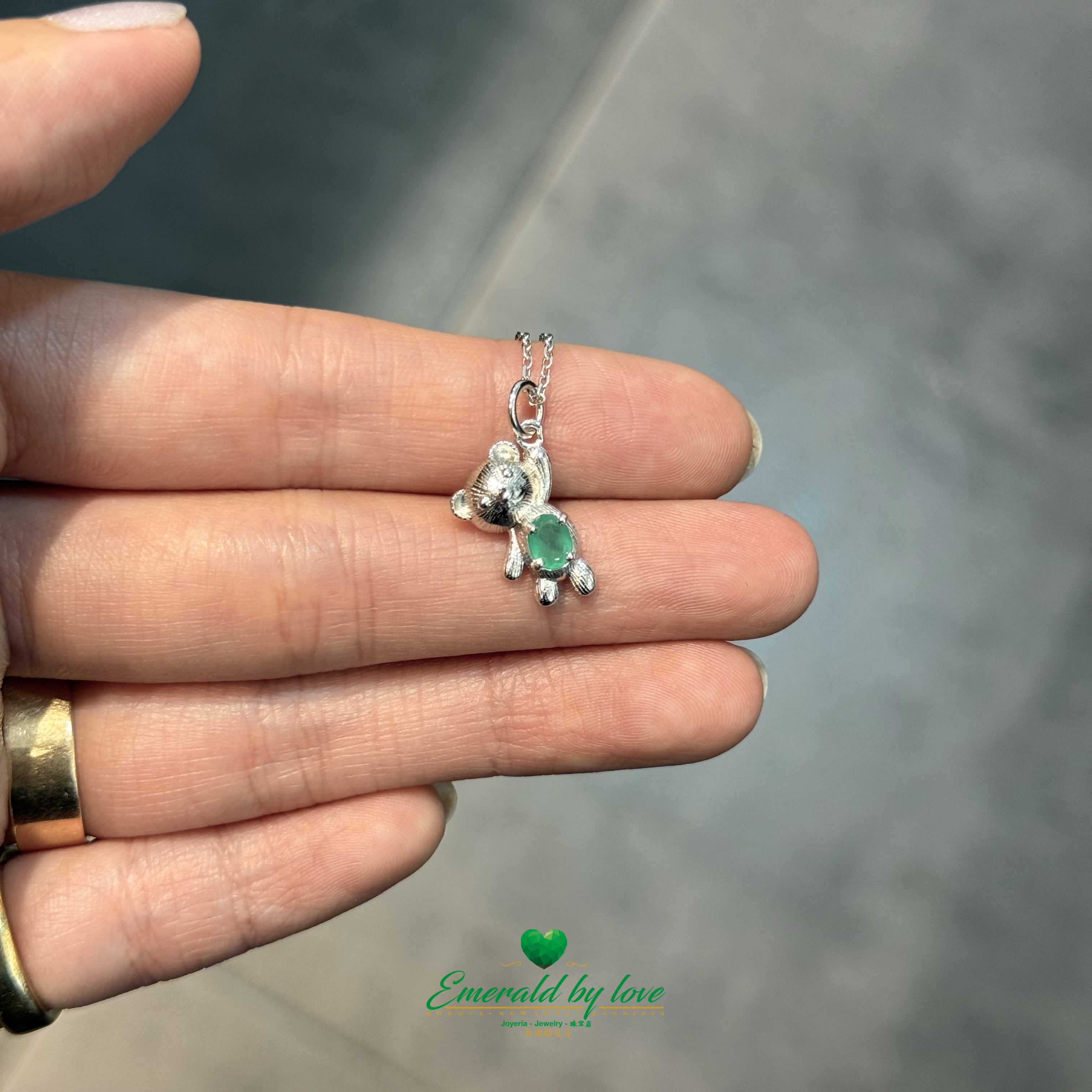 Sterling Silver Bear Pendant with Oval Emerald Center