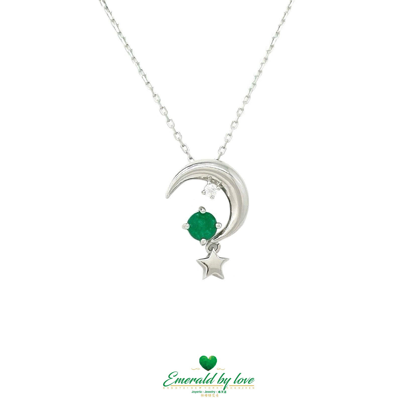 Crescent Moon Pendant with Round Emerald and Dangling Star