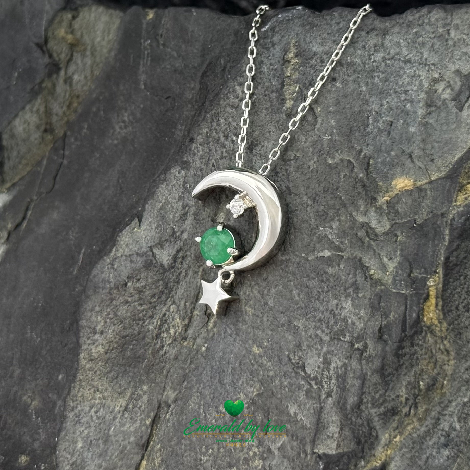 Crescent Moon Pendant with Round Emerald and Dangling Star