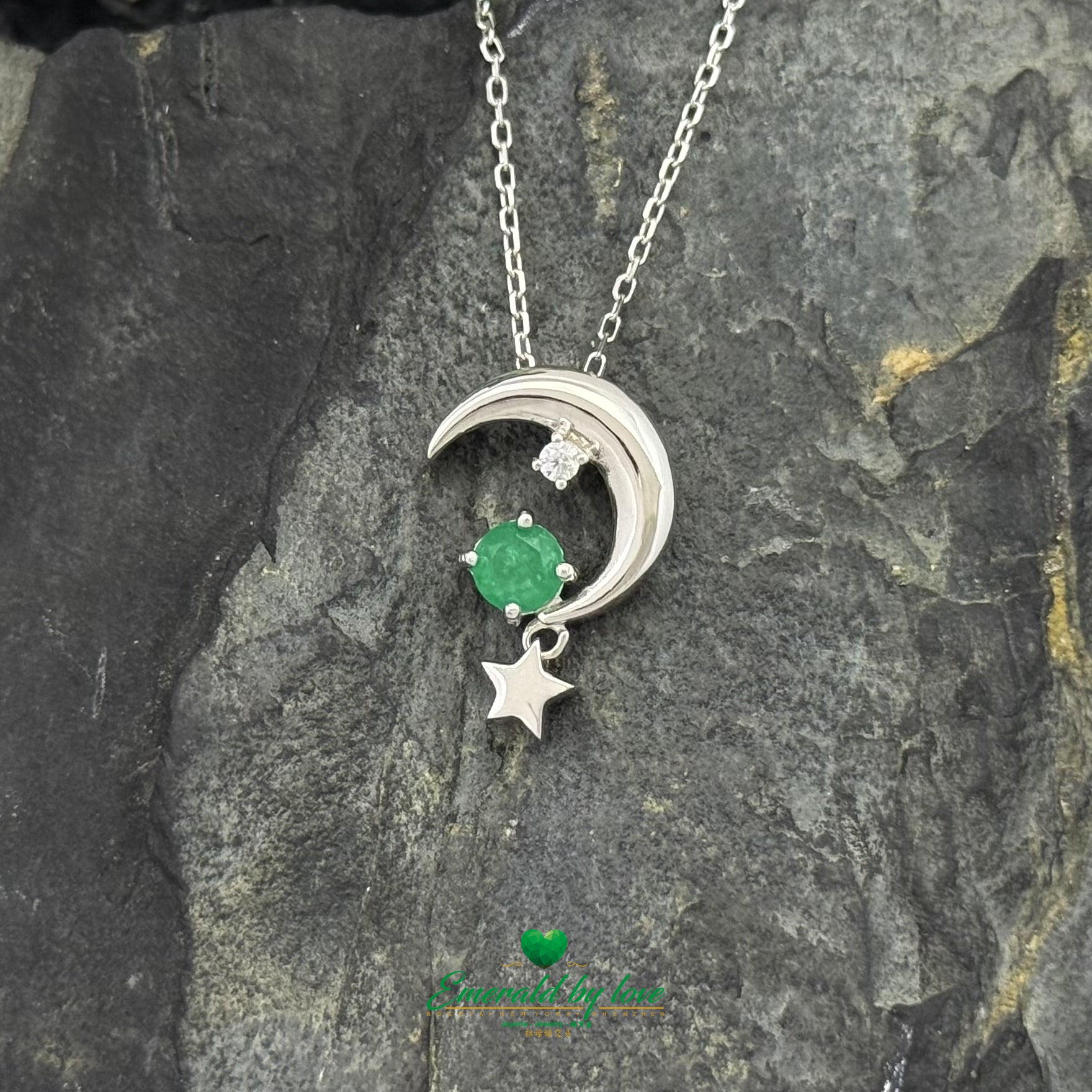 Crescent Moon Pendant with Round Emerald and Dangling Star