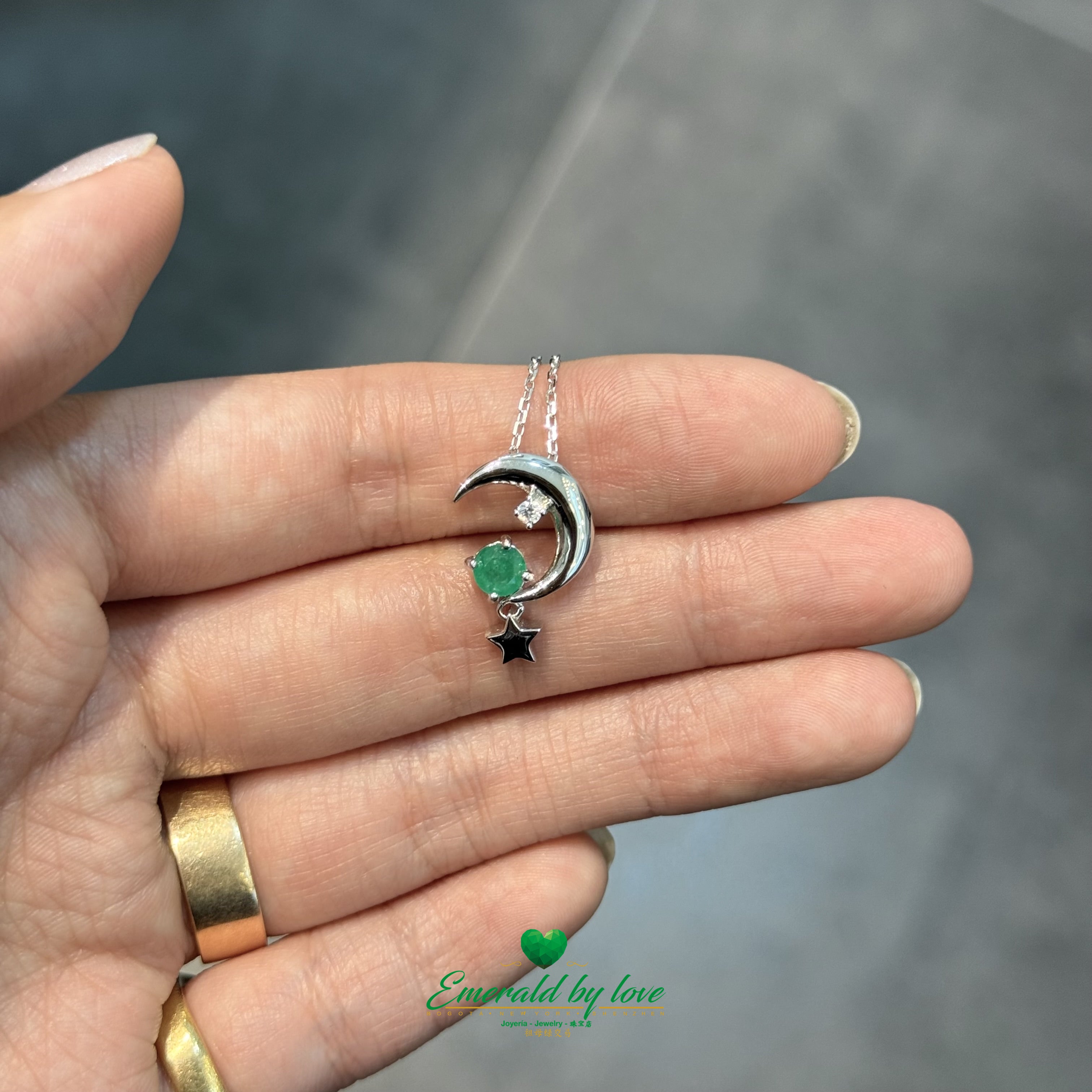Crescent Moon Pendant with Round Emerald and Dangling Star