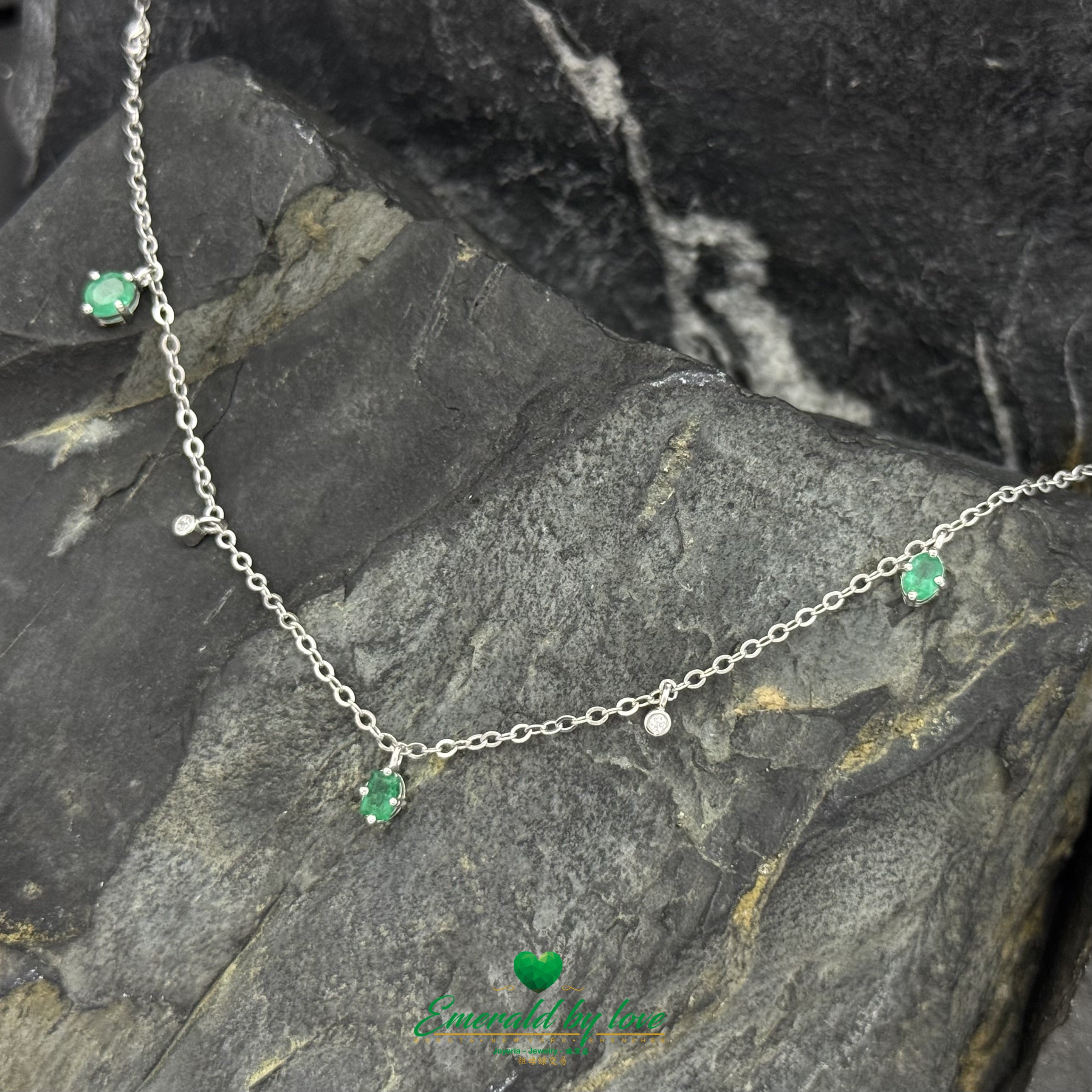 925 Silver Choker Necklace with Alternating Round Emeralds and White Zircons