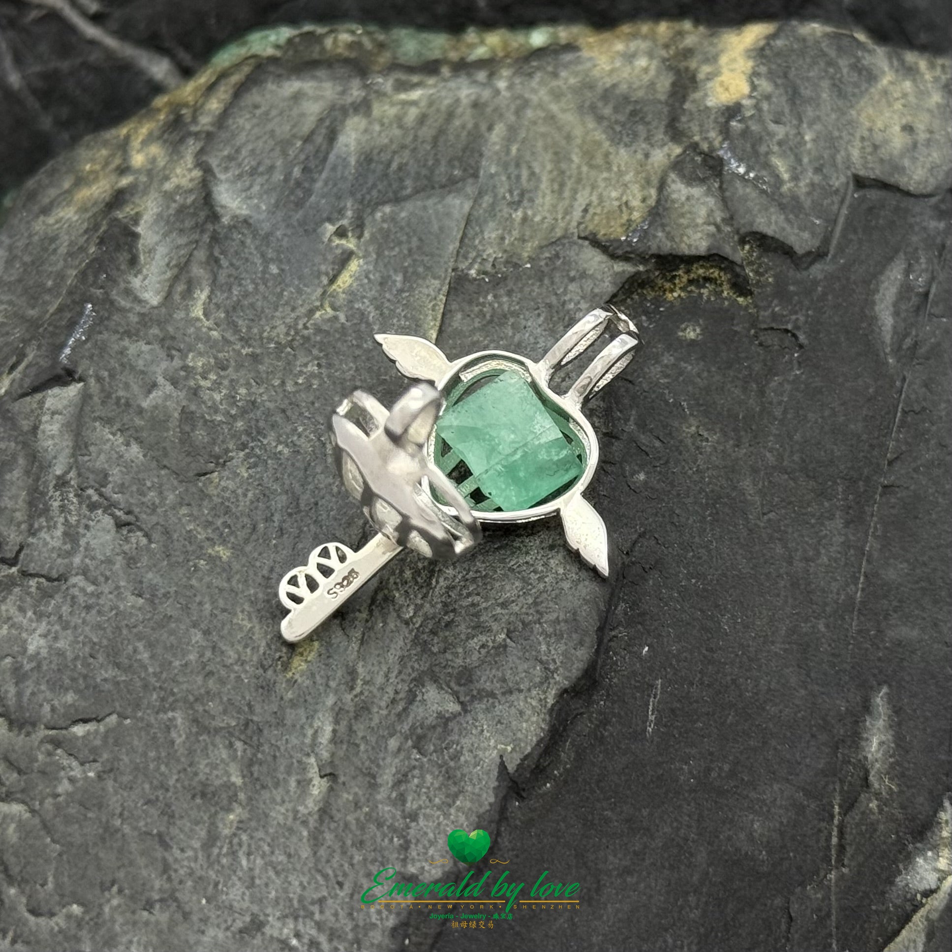 925 Silver Key Pendant with Heart Design and Rough Emerald Center