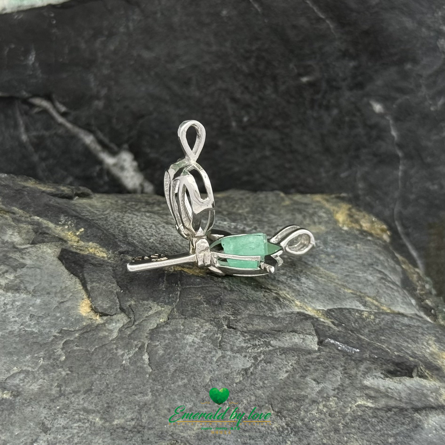 925 Silver Key Pendant with Heart Design and Rough Emerald Center